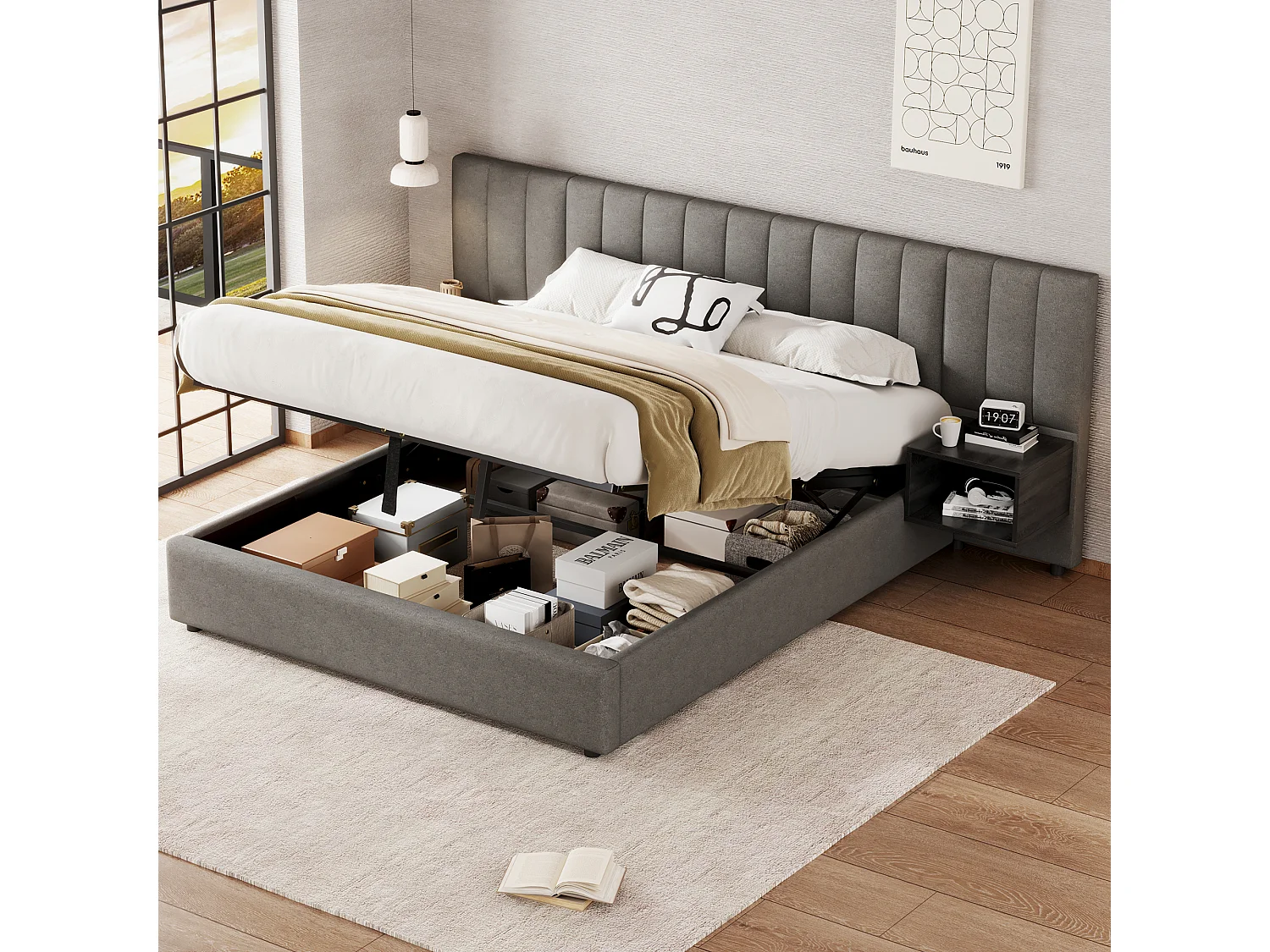 Lit capitonné 160 x 200 cm avec USB, éclairage LED et 2 tables de nuit avec rangement, PU lin, gris + noir (160x200 cm)