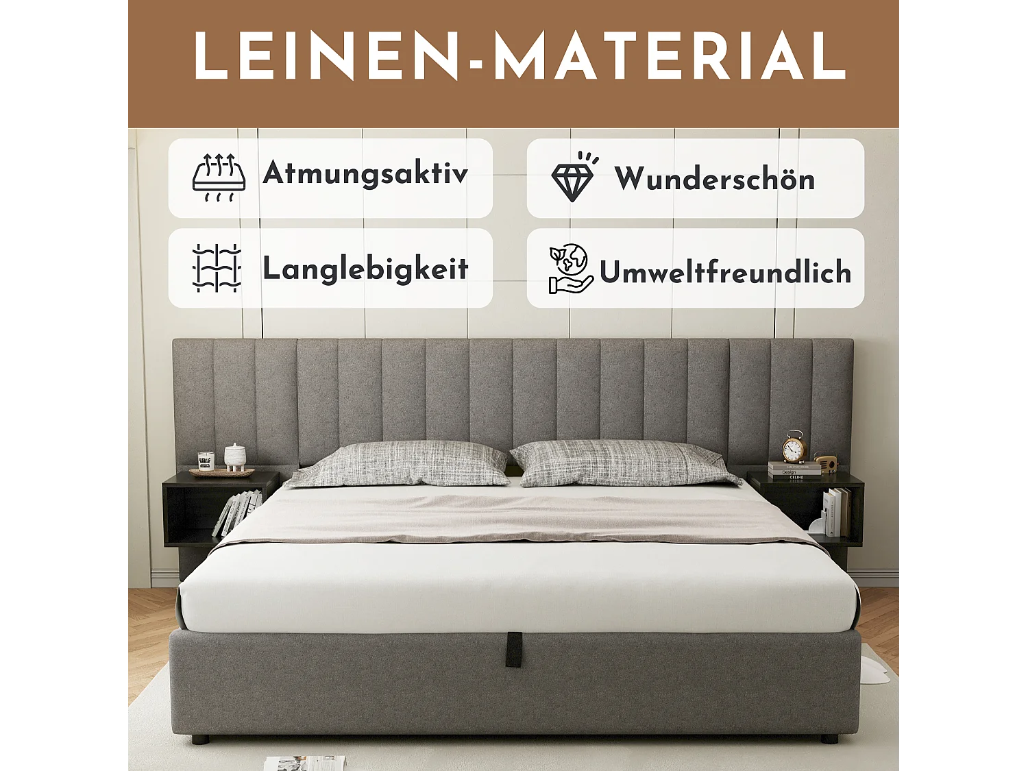 Lit capitonné 160 x 200 cm avec USB, éclairage LED et 2 tables de nuit avec rangement, PU lin, gris + noir (160x200 cm)