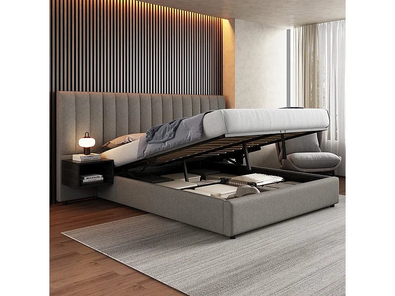 Letto imbottito 160 x 200 cm con USB, illuminazione a LED e 2 comodini con contenitore, rivestimento in PU, grigio + nero (160 x 200 cm)