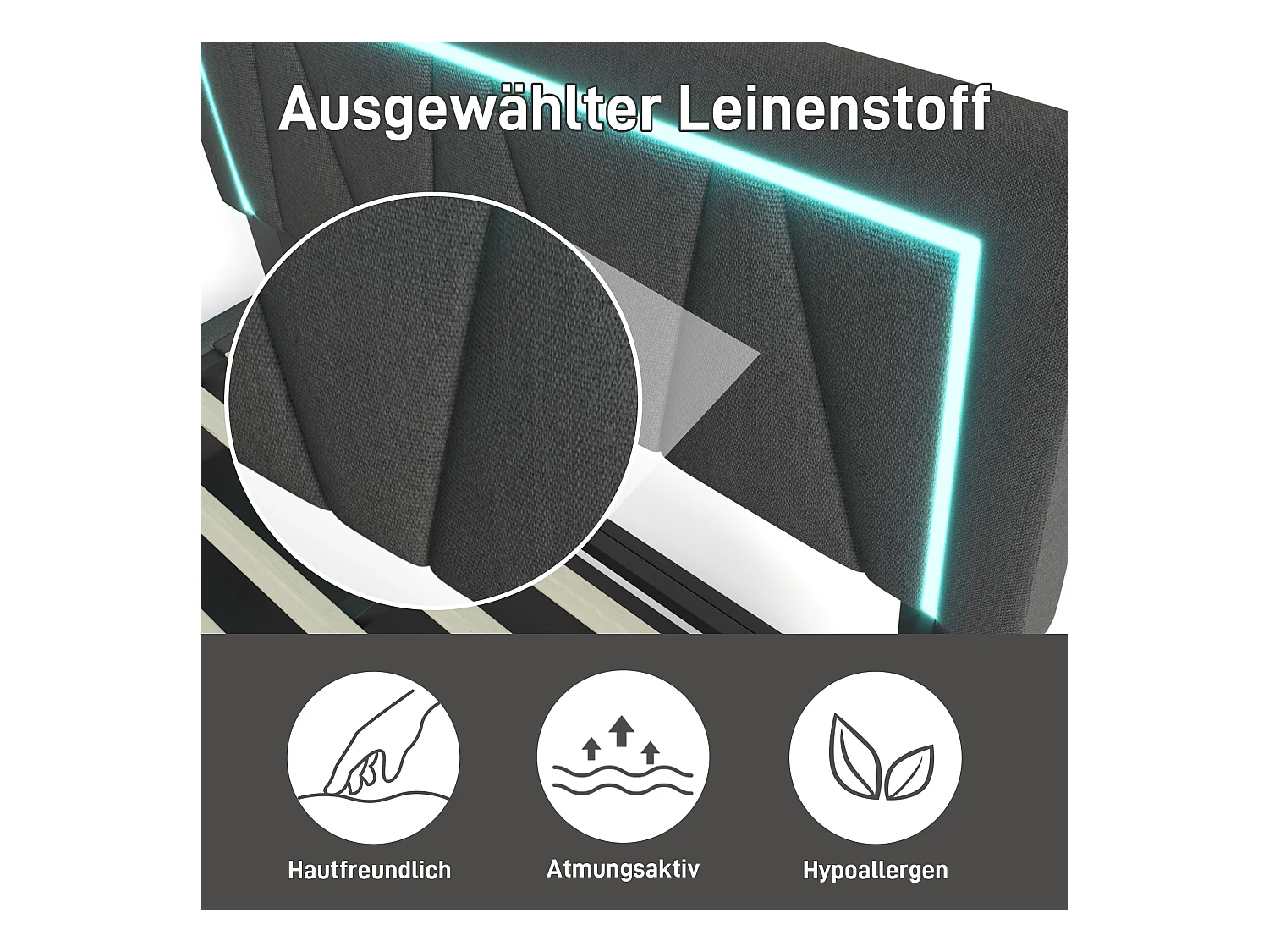 Lit double LED avec chargeur USB Type-C, rangement, lin gris, cadre avec sommier (146.5x208x110.5cm)