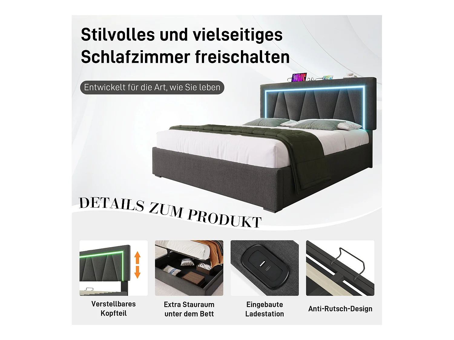 Lit double LED avec chargeur USB Type-C, rangement, lin gris, cadre avec sommier (146.5x208x110.5cm)