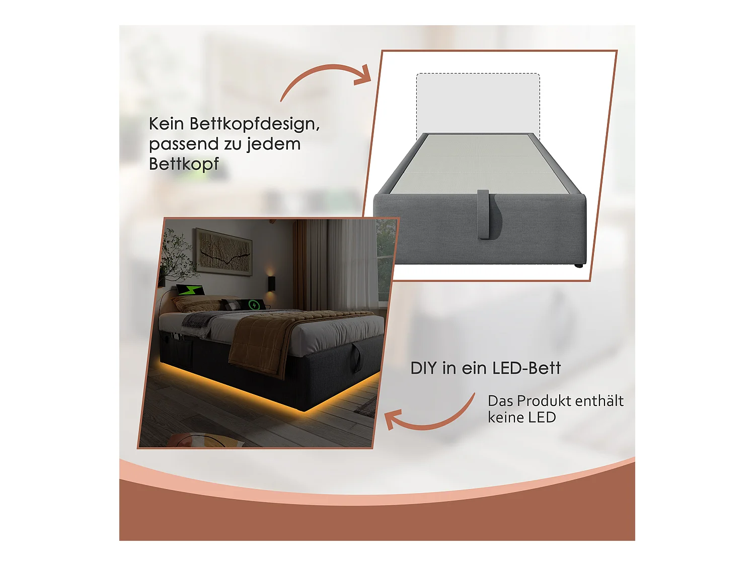 Lit double 160x200 cm avec rangement, cadre de lit avec USB Type-C et sommier à lattes complet, sans tête de lit, coton, gris (202x161x29 cm)