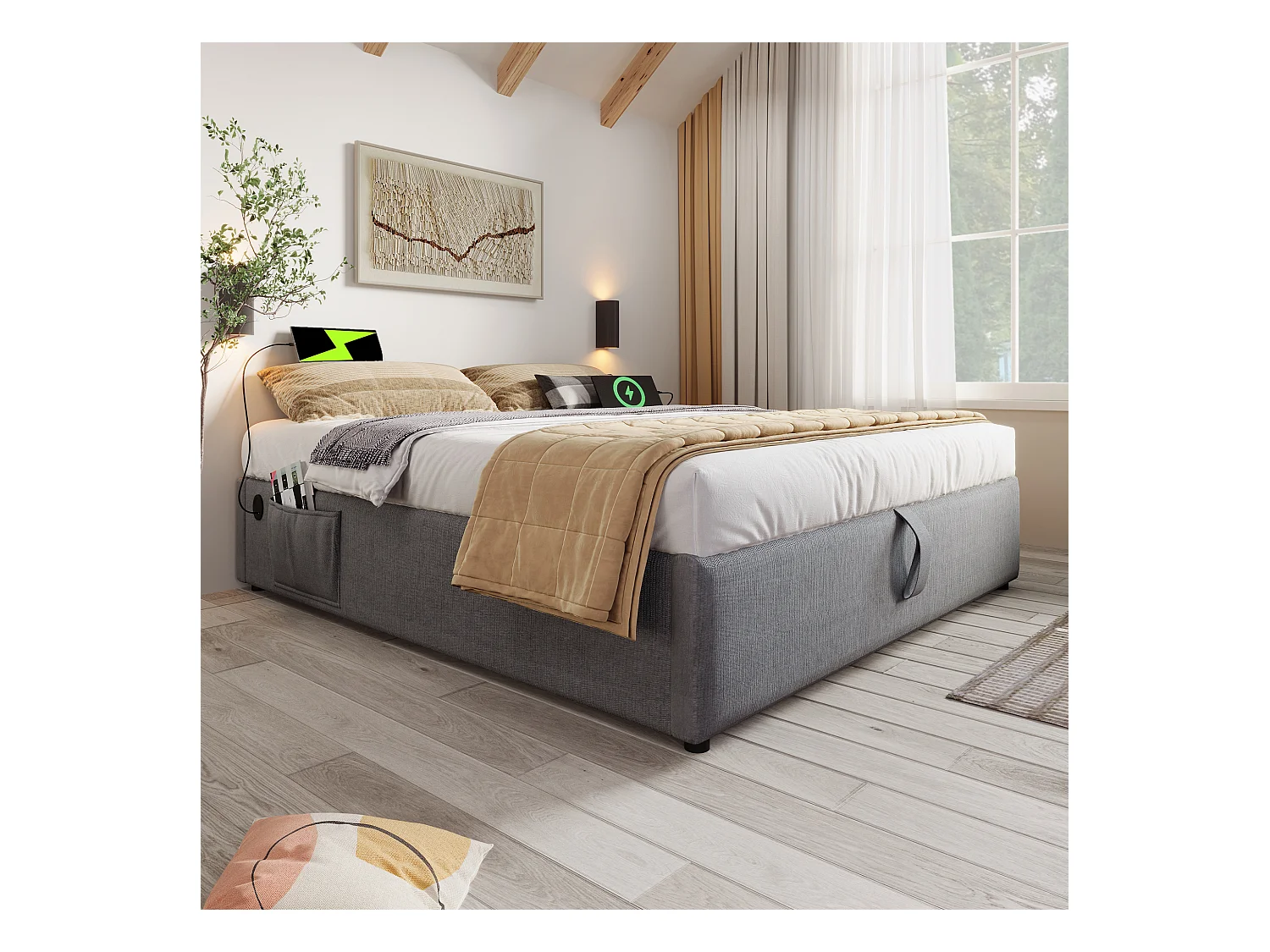 Lit double 160x200 cm avec rangement, cadre de lit avec USB Type-C et sommier à lattes complet, sans tête de lit, coton, gris (202x161x29 cm)