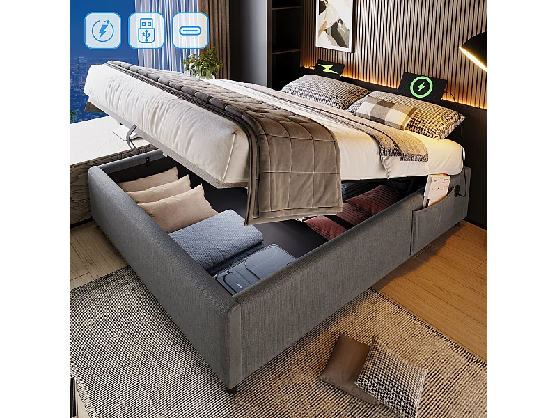 Tweepersoonsbed 160x200 cm met opbergruimte, bedframe met USB Type-C en complete lattenbodem, zonder hoofdbord, katoen, grijs (202x161x29 cm)