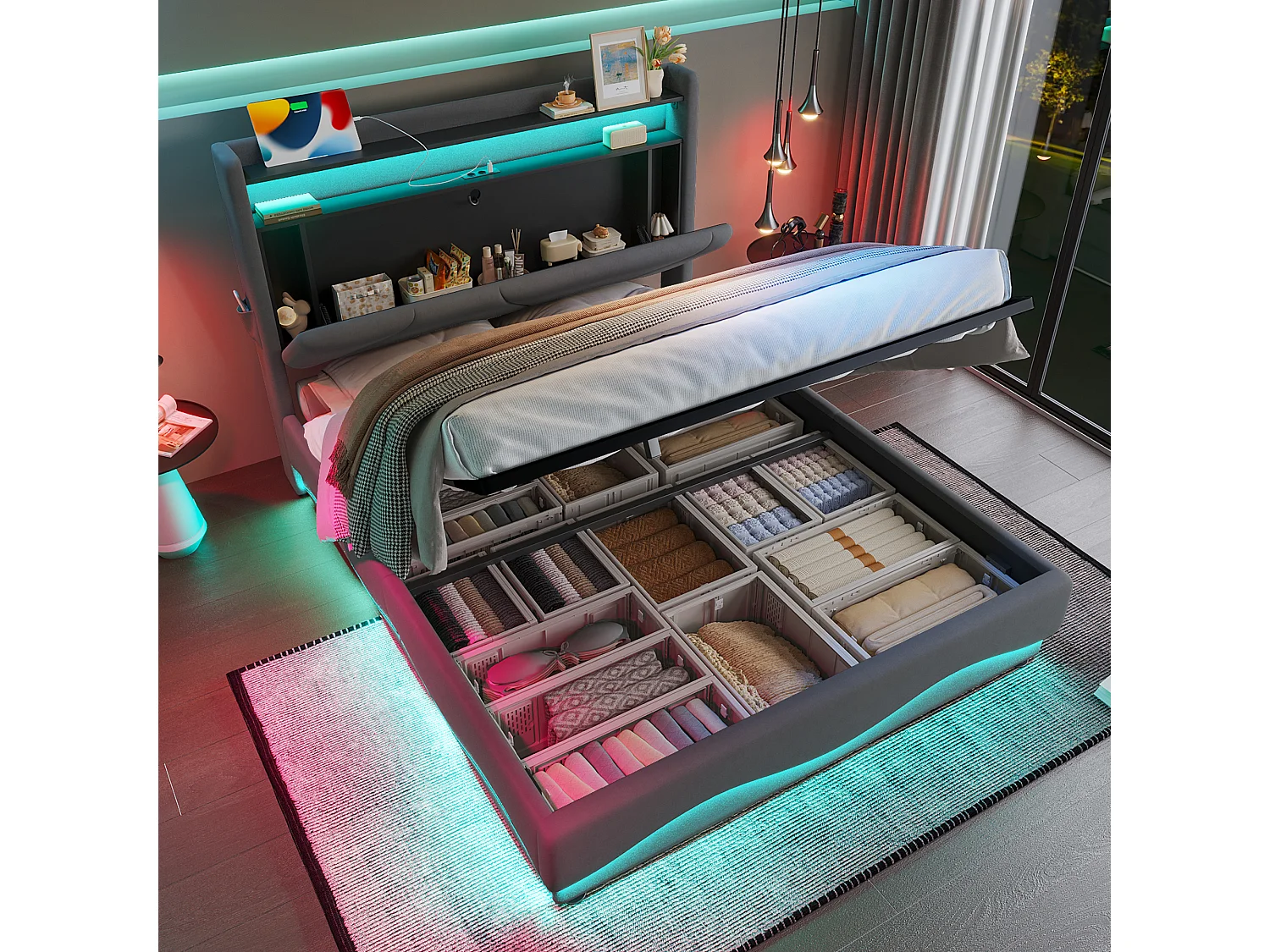 Lit moderne avec tête de lit LED, velours gris, 160x200 cm, coffre de rangement et USB (169x222x170 cm)