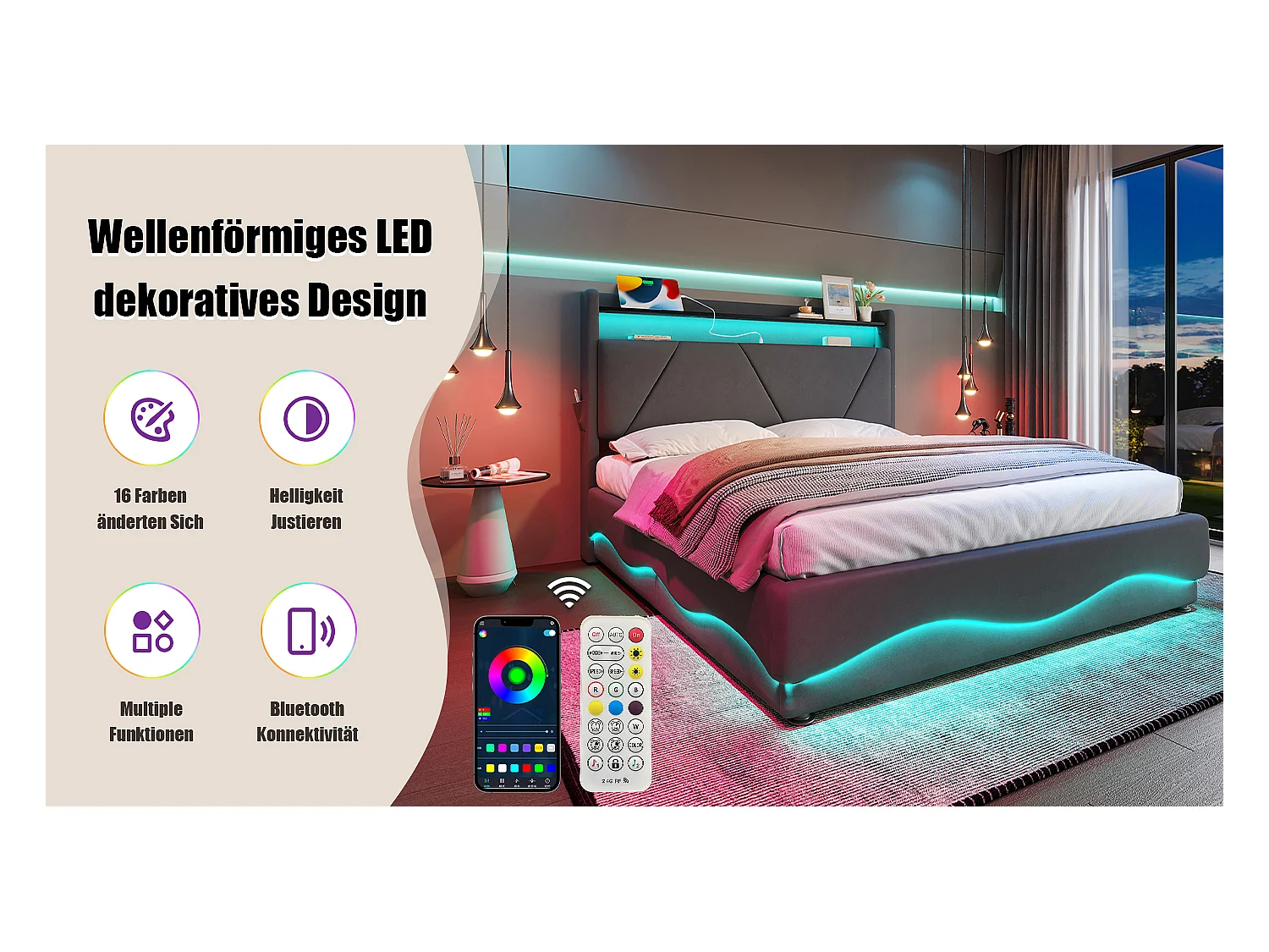 Lit moderne avec tête de lit LED, velours gris, 160x200 cm, coffre de rangement et USB (169x222x170 cm)