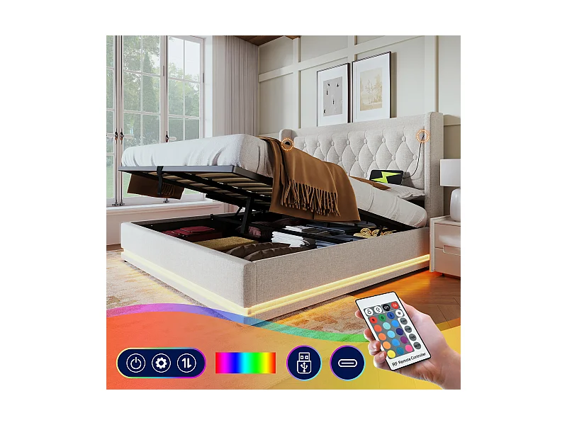 Tweepersoonsbed 160\200 cm, katoenbeige, met hydraulische opbergruimte, USB Type-C hoofdbord en 3-zijdige LED-functie (zonder matras)