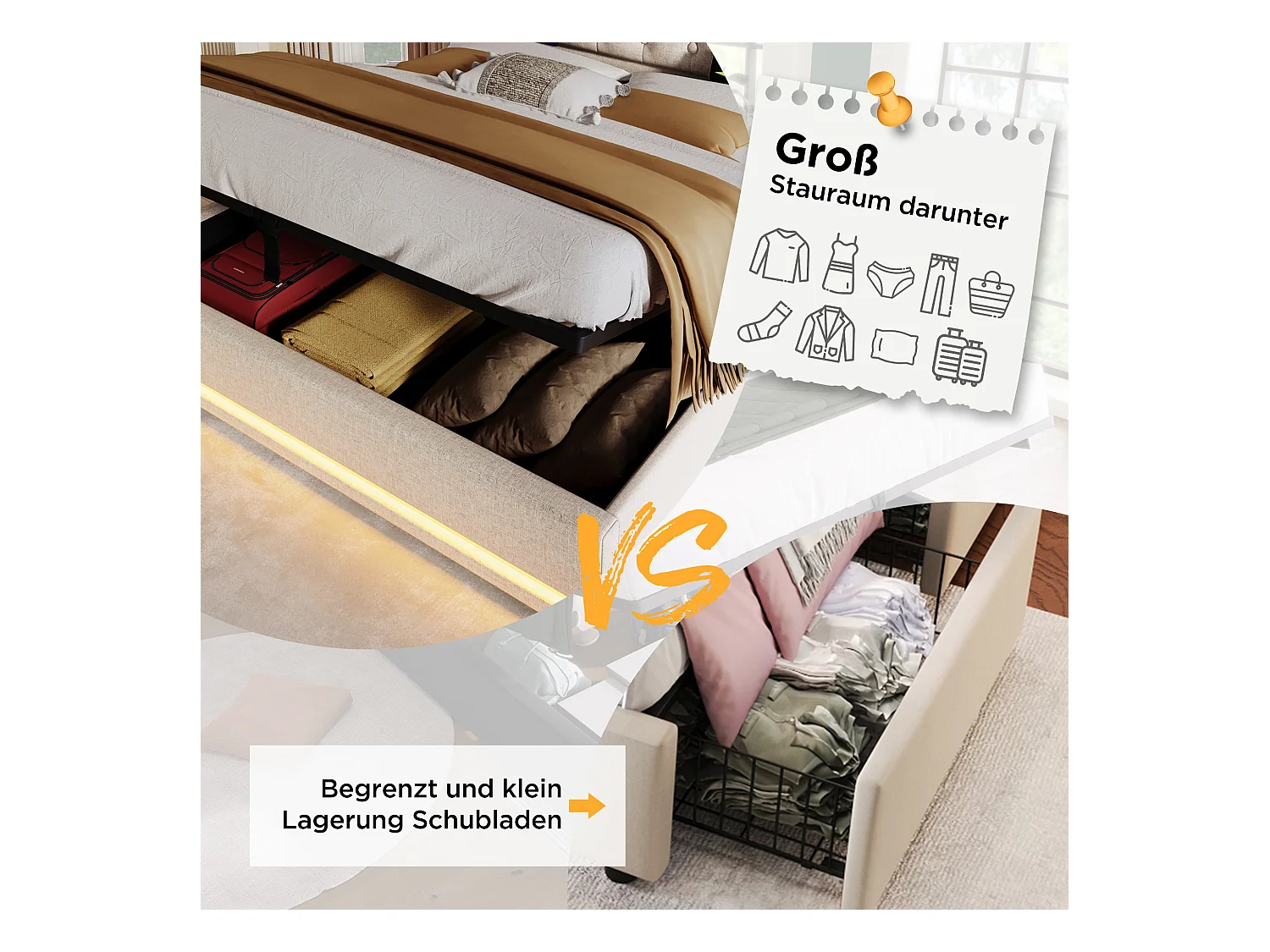 Letto matrimoniale 160\200 cm, beige cotone, con contenitore idraulico, testiera USB Type-C e funzione LED su 3 lati (senza materasso)