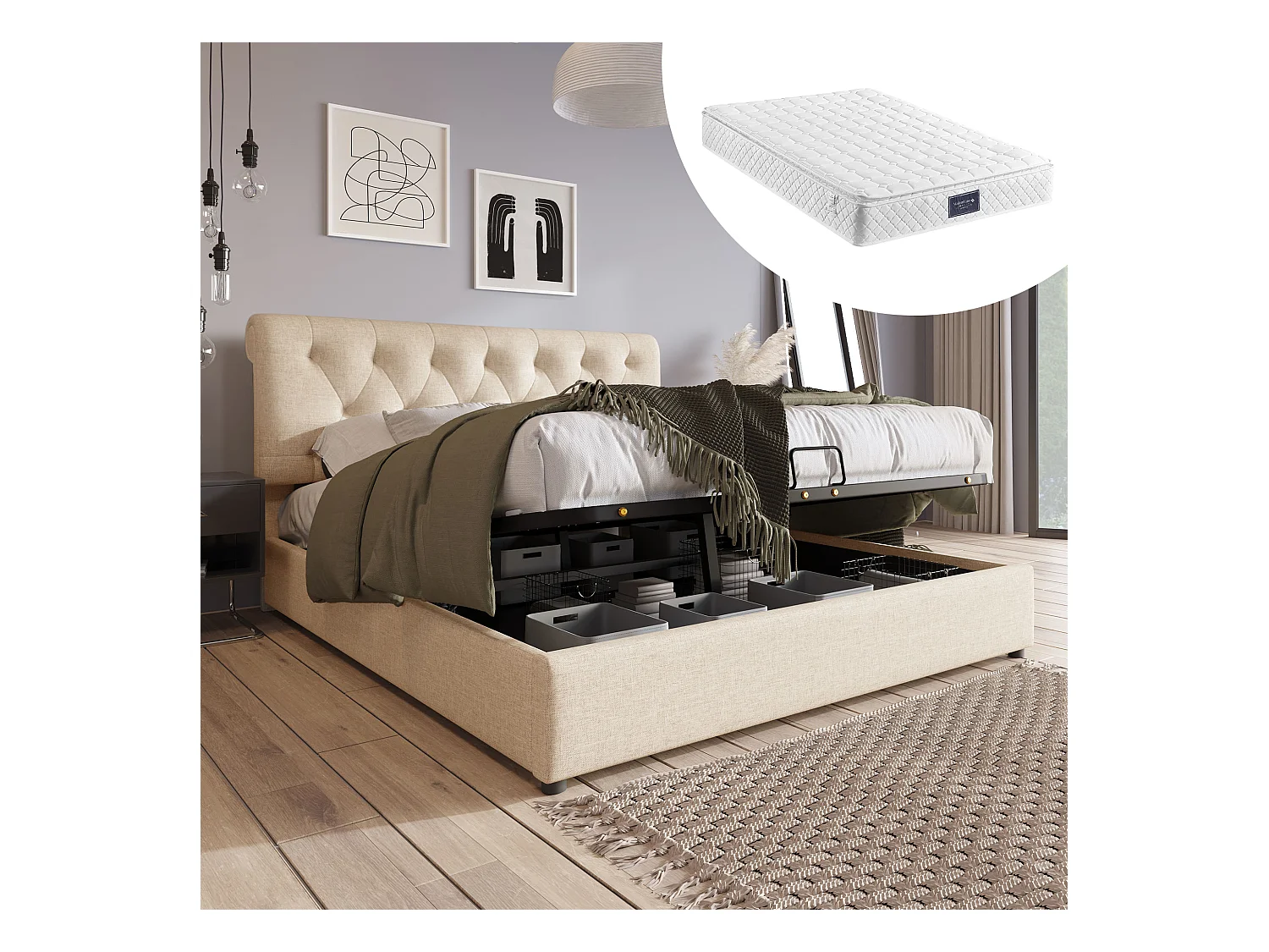 Lit double avec coffre hydraulique, tête de lit réglable, lin naturel, cadre métallique, rangement intégré (212x148x112cm)