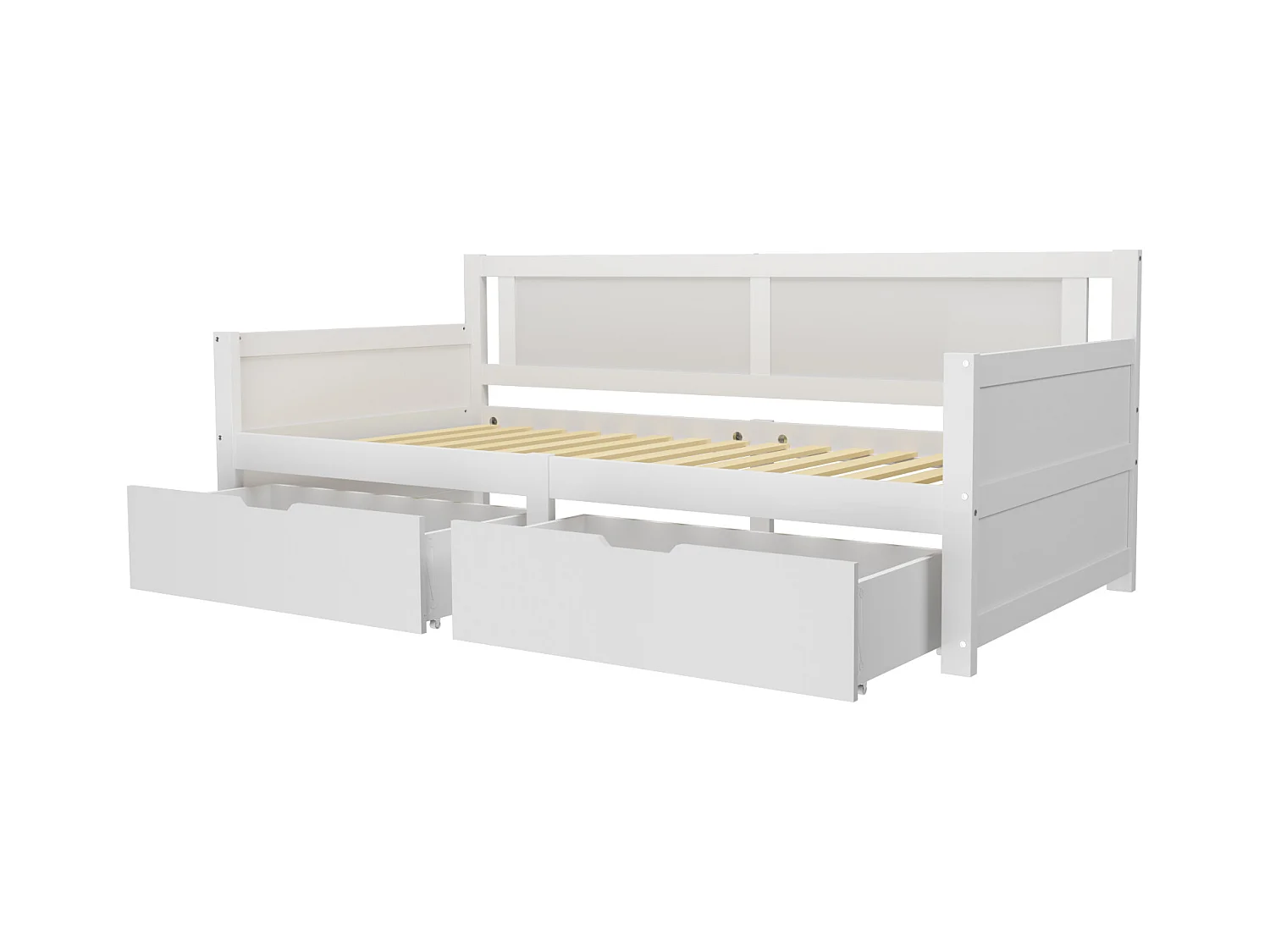 Letto per bambini 90x200, letto in legno massello con 2 cassetti contenitore, struttura in legno, bianco (205x95x80 cm)