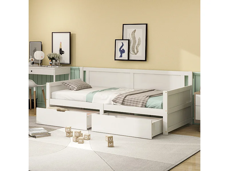 Kinderbed 90x200, massief houten bed met 2 opbergladen, houten frame, wit (205x95x80 cm)