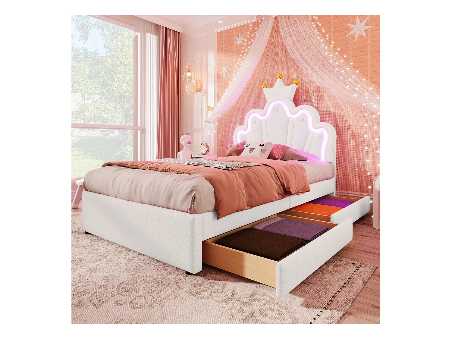 Cama infantil 90x200 cm, con iluminación LED con mando a distancia, 2 cajones de almacenaje, forma de unicornio, PU, blanco (203,5x105x131 cm)