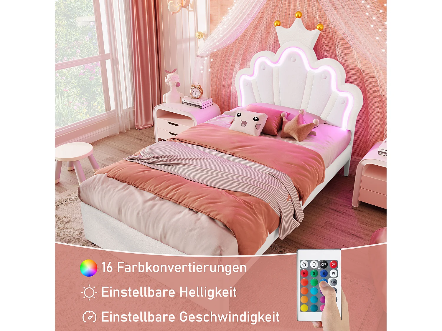 Letto per bambini 90x200 cm, con illuminazione LED telecomandata, 2 cassetti portaoggetti, a forma di unicorno, PU, bianco (203,5x105x131 cm)
