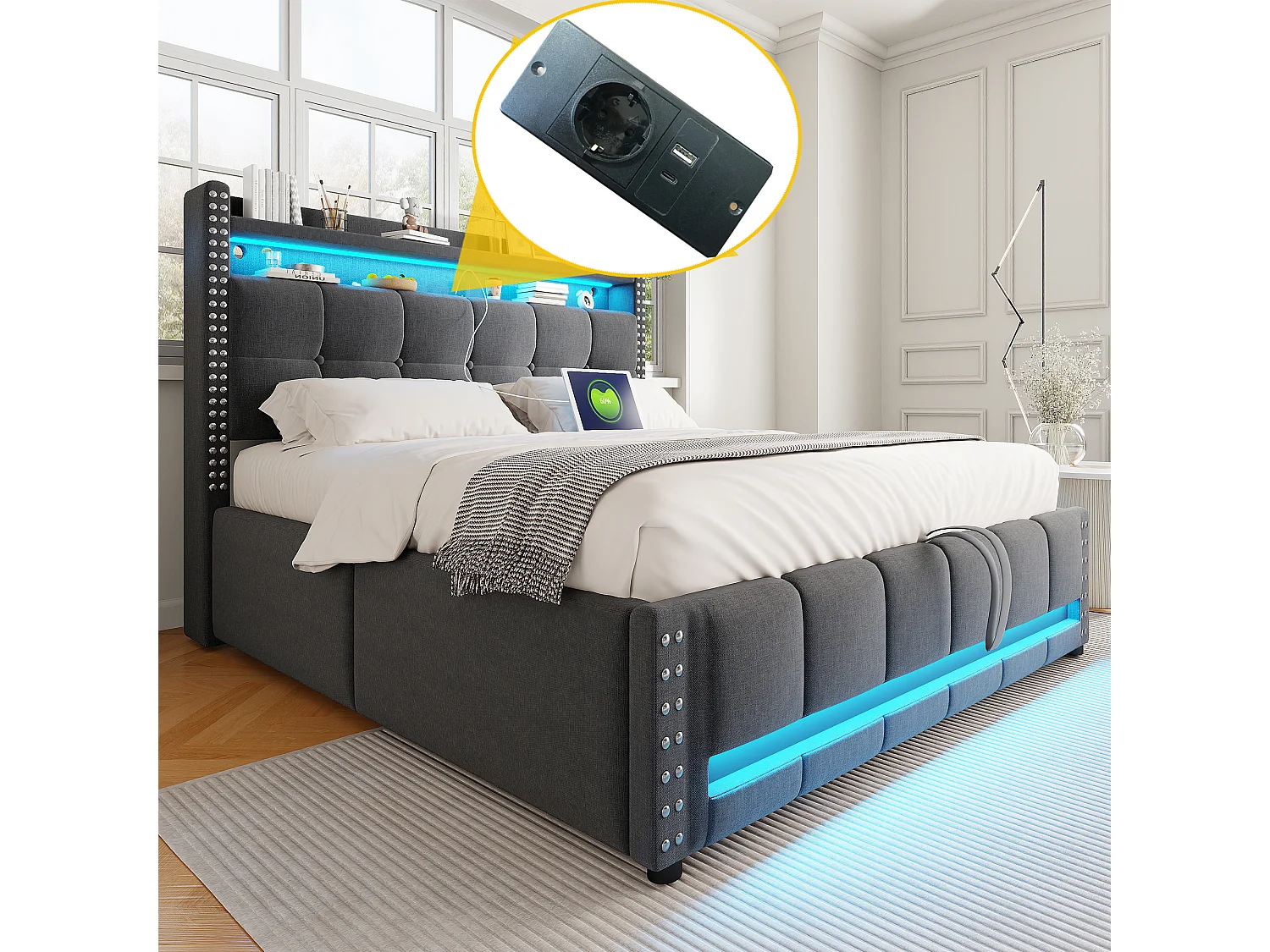 Letto 160x200 cm con LED e USB, testiera con ripiani e contenitore, sistema idraulico per il contenimento, letto per adulti, lenzuola grigie (172x225x115 cm)