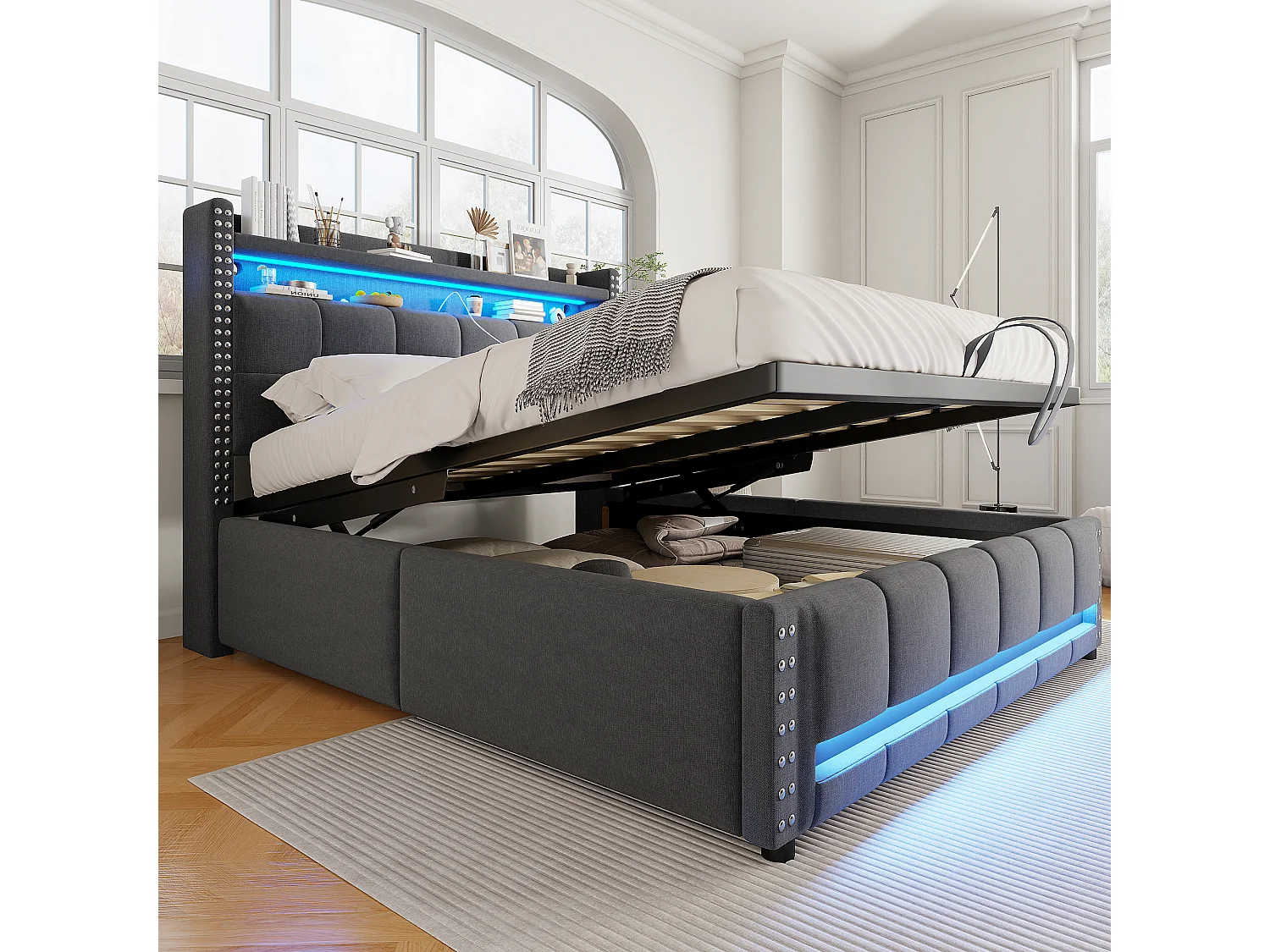 Lit 160x200 cm avec LED et USB, tête de lit avec étagères et rangement, hydraulique pour le stockage, lit adulte, lin gris (172x225x115 cm)