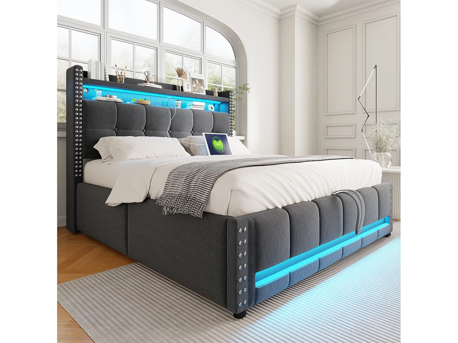 Lit 160x200 cm avec LED et USB, tête de lit avec étagères et rangement, hydraulique pour le stockage, lit adulte, lin gris (172x225x115 cm)