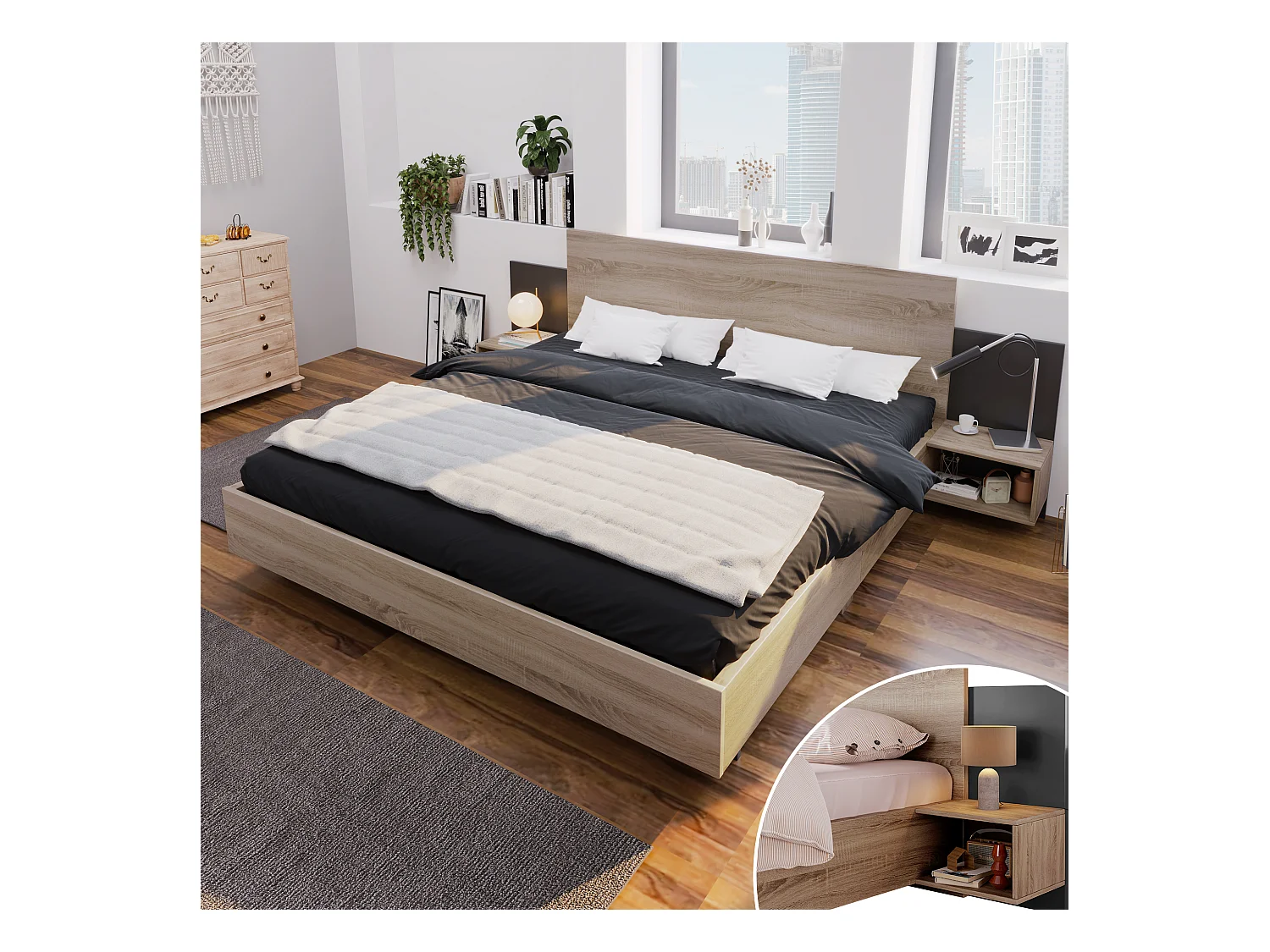 Letto matrimoniale in legno con 2 comodini, design moderno, rovere Sonoma e grigio, (dimensioni: 205,5x235x76,5 cm)