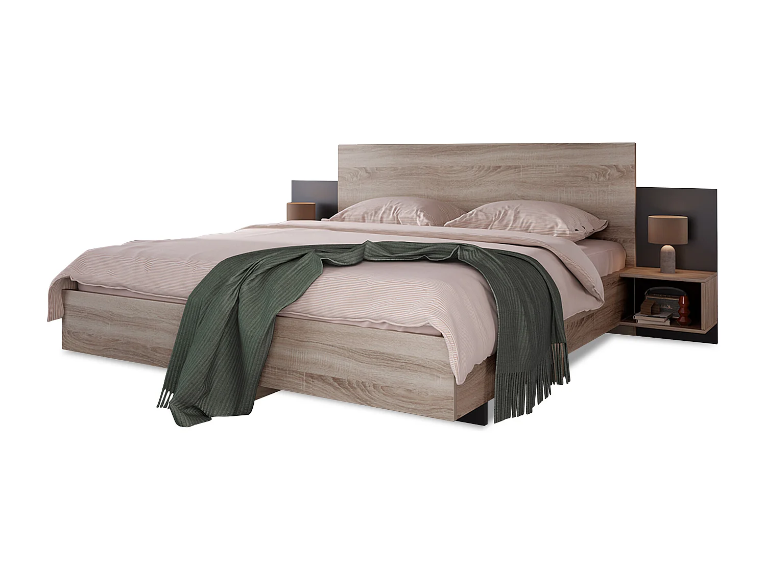 Lit double en bois avec 2 tables de chevet, design moderne, chêne Sonoma et gris, (dimensions : 205.5x235x76.5 cm)