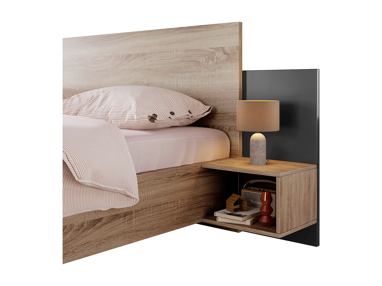 Lit double en bois avec 2 tables de chevet, design moderne, chêne Sonoma et gris, (dimensions : 205.5x235x76.5 cm)