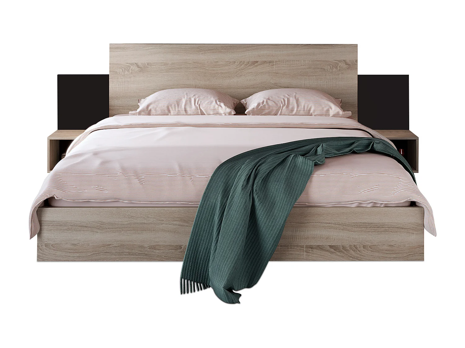 Lit double en bois avec 2 tables de chevet, design moderne, chêne Sonoma et gris, (dimensions : 205.5x235x76.5 cm)