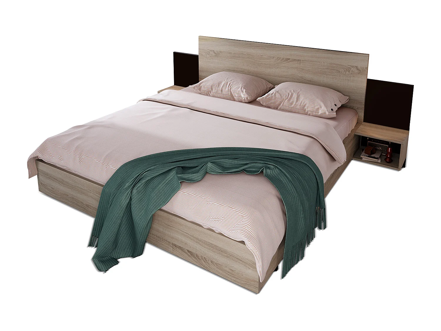 Lit double en bois avec 2 tables de chevet, design moderne, chêne Sonoma et gris, (dimensions : 205.5x235x76.5 cm)