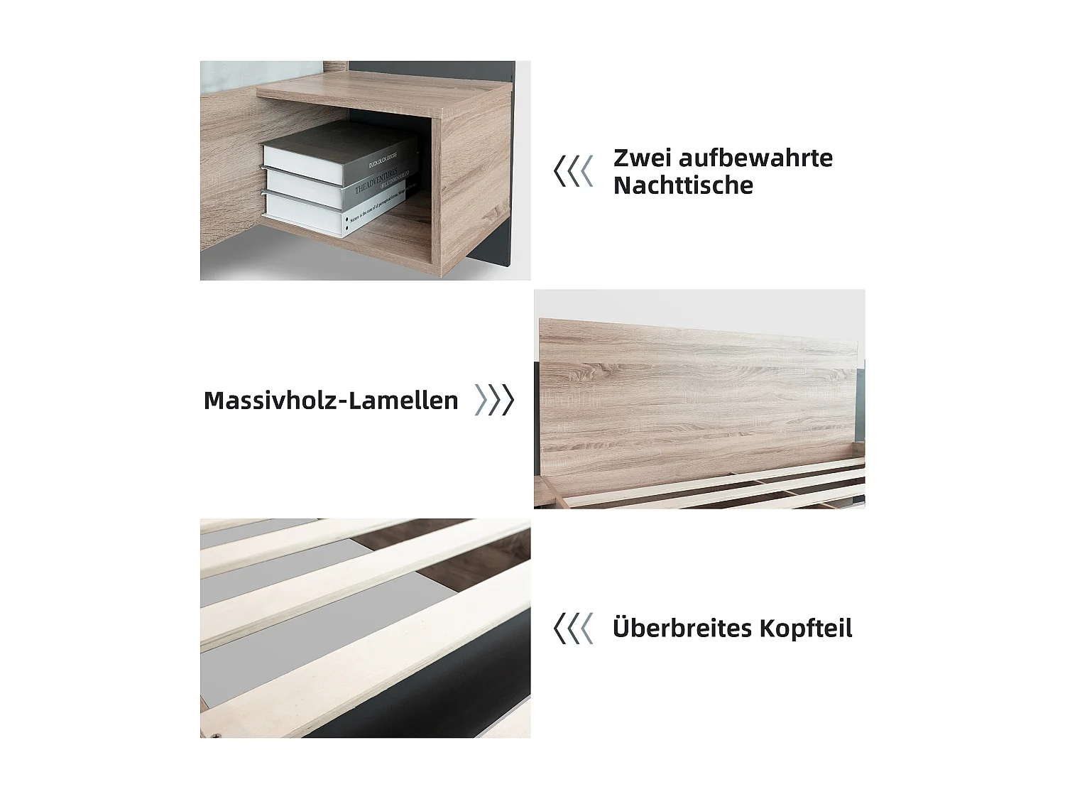 Lit double en bois avec 2 tables de chevet, design moderne, chêne Sonoma et gris, (dimensions : 205.5x235x76.5 cm)