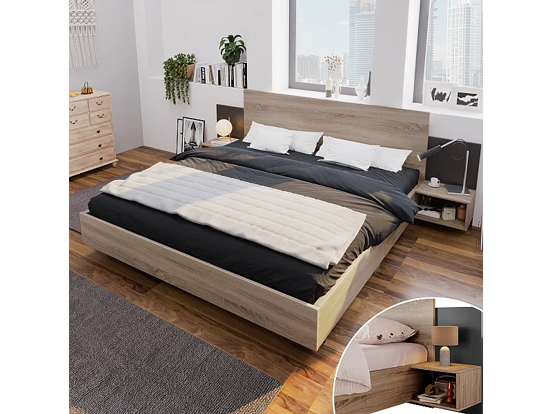 Lit double en bois avec 2 tables de chevet, design moderne, chêne Sonoma et gris, (dimensions : 205.5x235x76.5 cm)