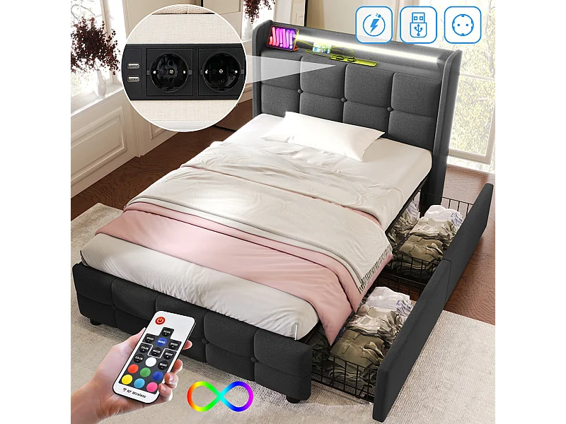 Letto con LED e USB, 90x200 cm, testiera regolabile, 2 cassetti contenitore, legno, grigio (220x94,5x103,5 cm)