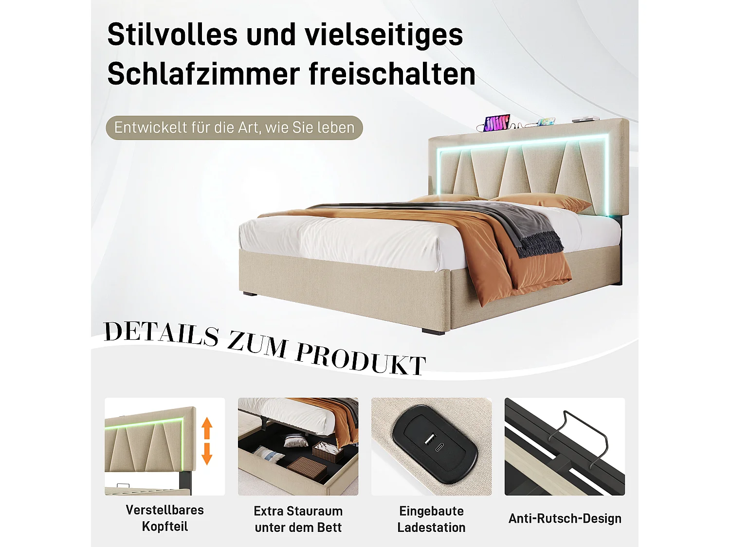 Lit double LED avec chargeur USB Type-C, rangement, lin gris, cadre avec sommier (146.5x208x110.5cm)