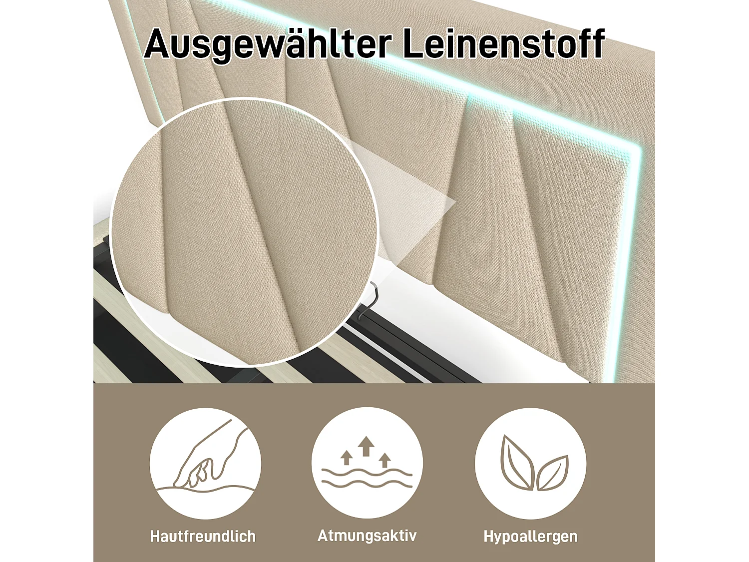 Lit double LED avec chargeur USB Type-C, rangement, lin gris, cadre avec sommier (146.5x208x110.5cm)