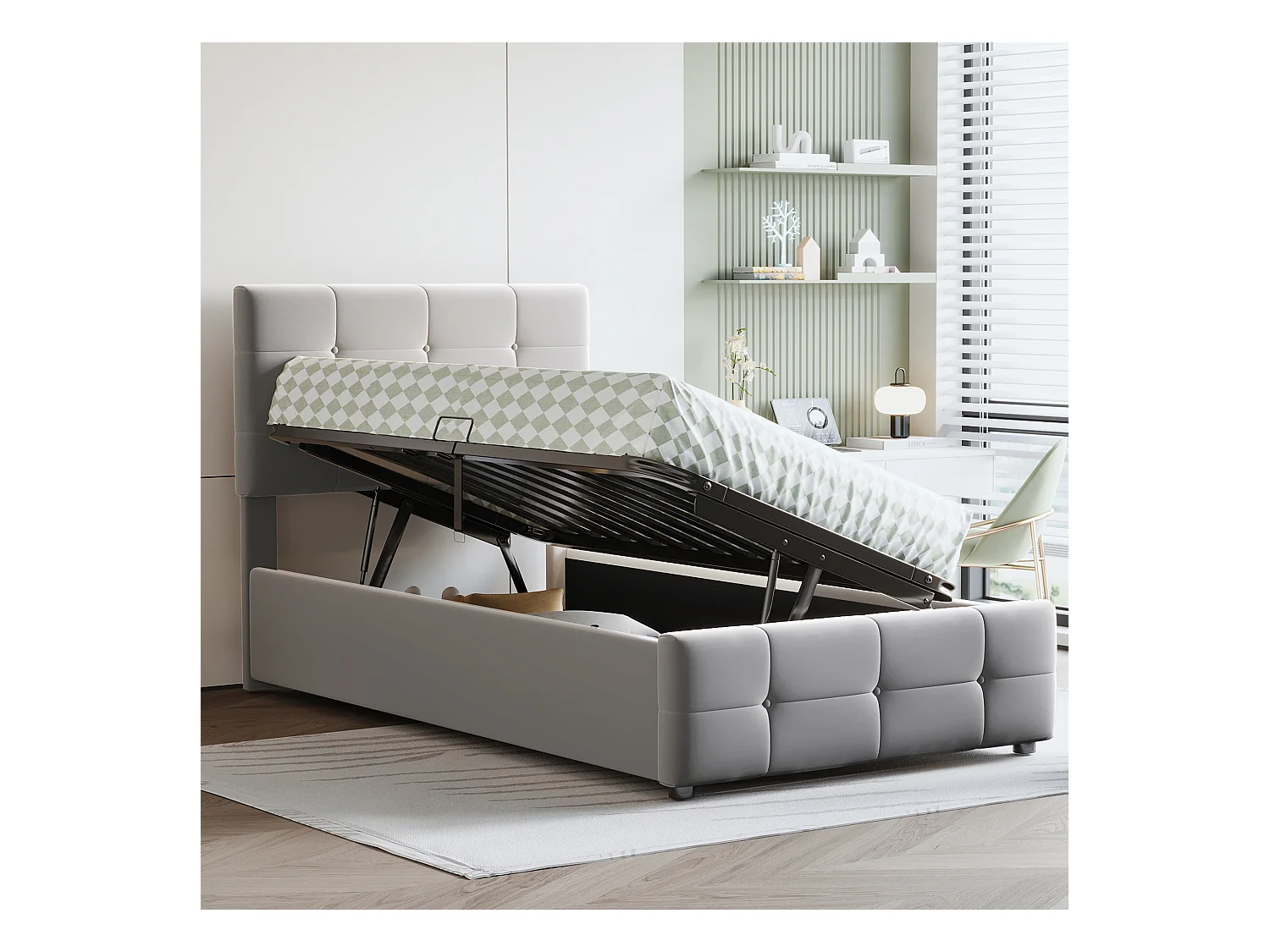 Kinderbed 90x200 cm, Bed met hydraulische opbergruimte, Verstelbaar hoofdeinde, Fluwelen bed, Grijs (203x90x105 cm)