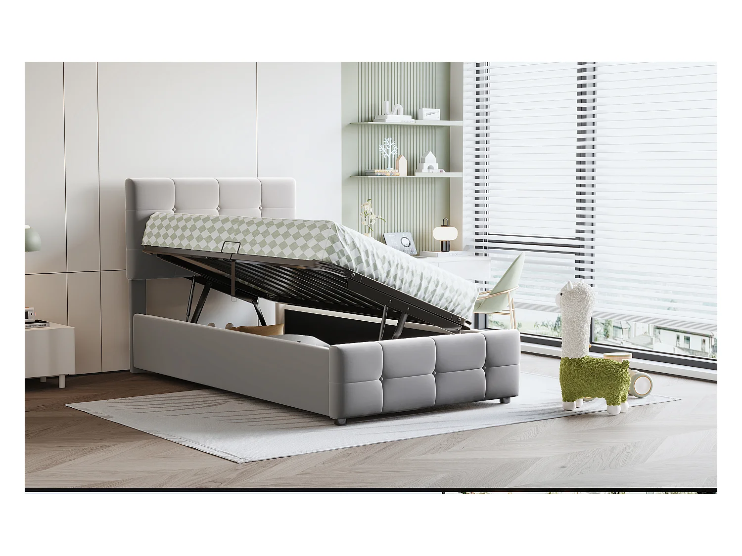 Kinderbed 90x200 cm, Bed met hydraulische opbergruimte, Verstelbaar hoofdeinde, Fluwelen bed, Grijs (203x90x105 cm)