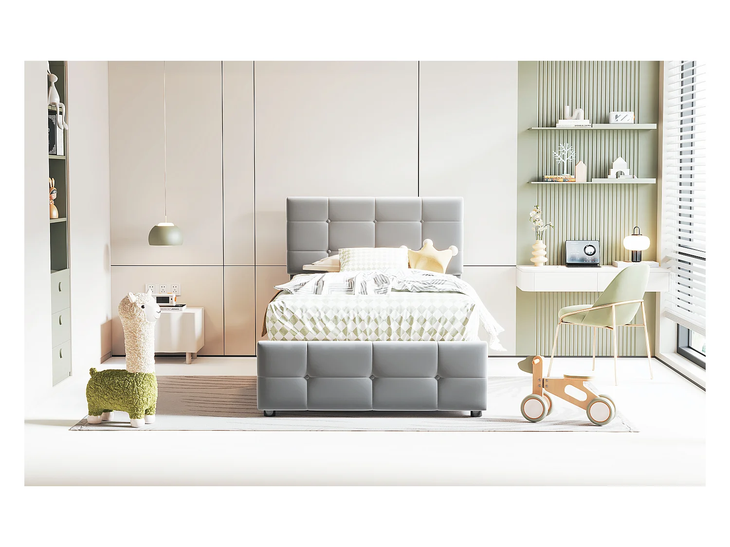 Kinderbed 90x200 cm, Bed met hydraulische opbergruimte, Verstelbaar hoofdeinde, Fluwelen bed, Grijs (203x90x105 cm)