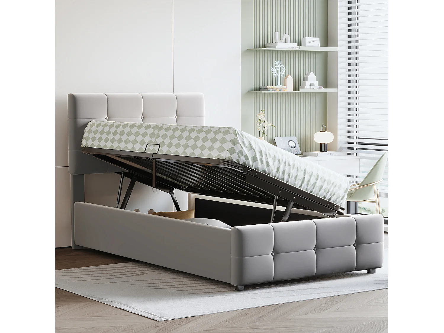 Lit pour enfant 90x200 cm, Lit avec rangement hydraulique, Tête de lit réglable, Lit en velours, Gris (203x90x105 cm)