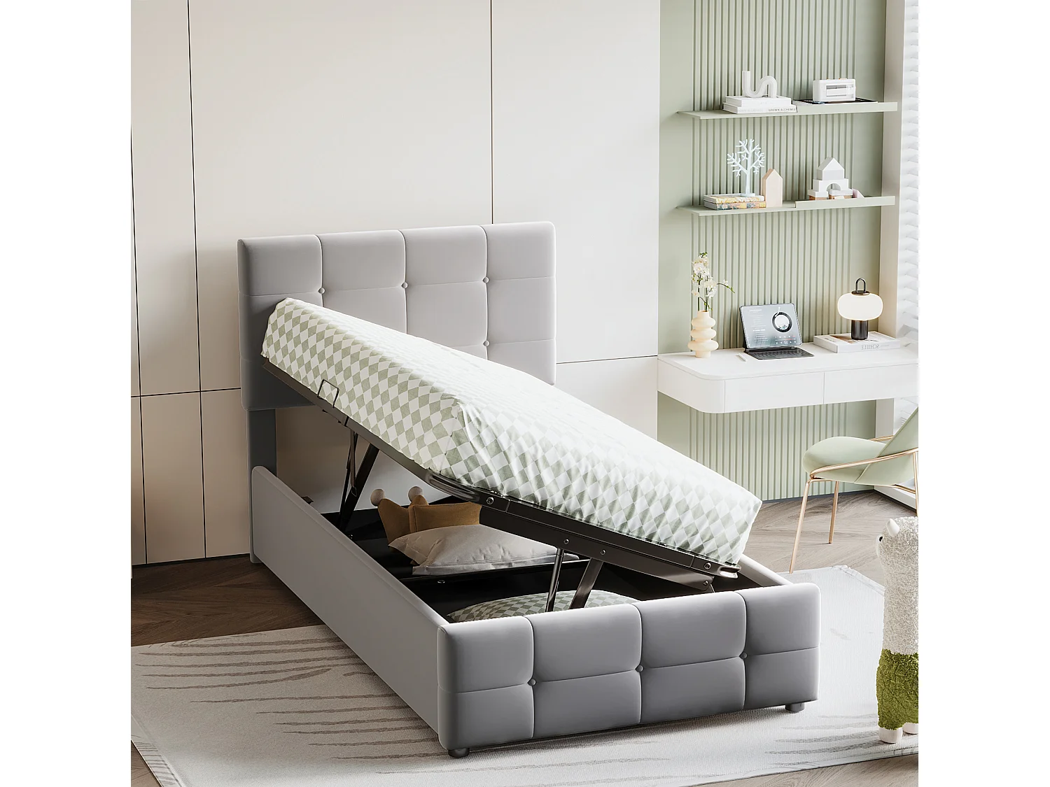 Lit pour enfant 90x200 cm, Lit avec rangement hydraulique, Tête de lit réglable, Lit en velours, Gris (203x90x105 cm)