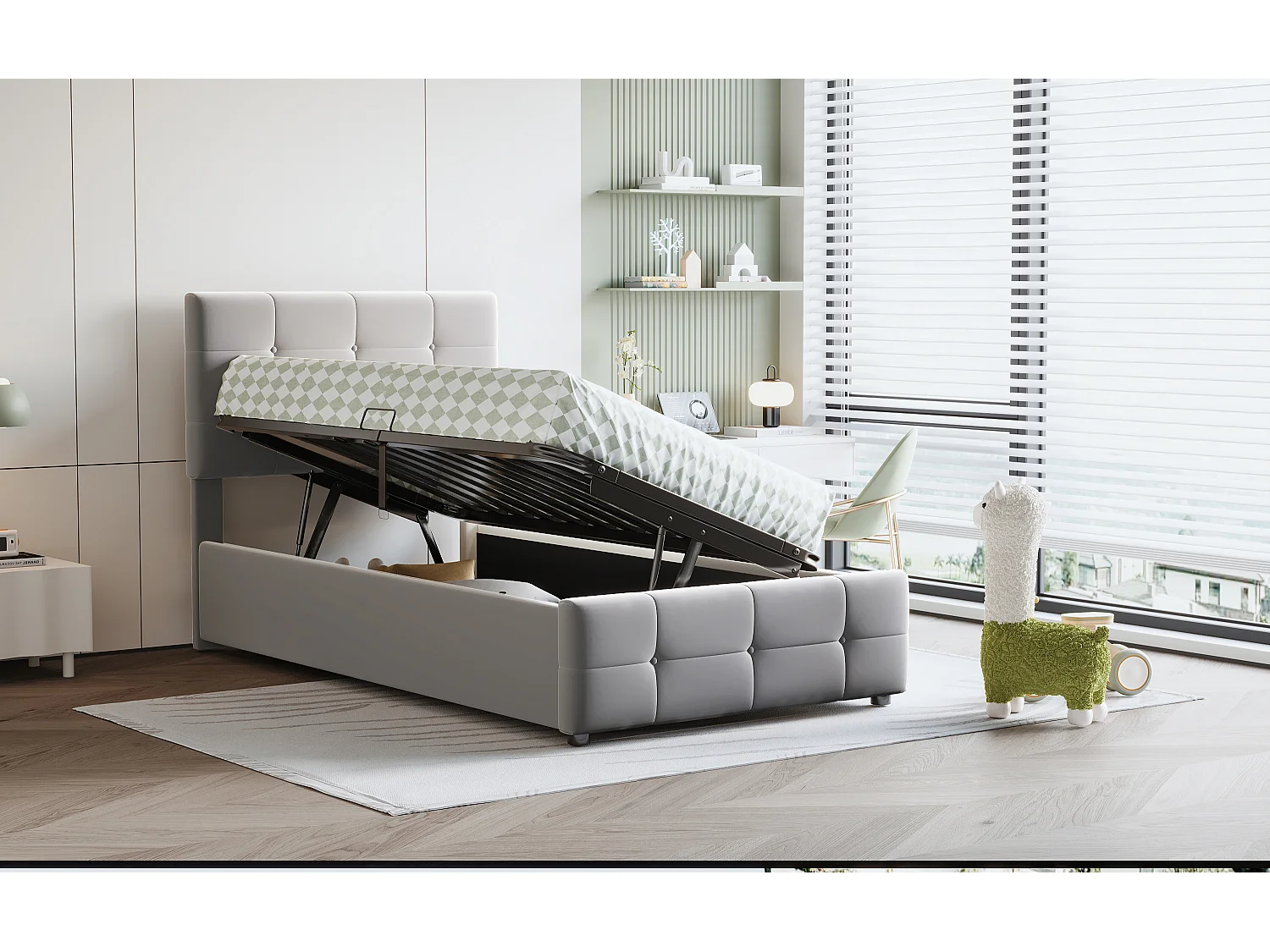 Lit pour enfant 90x200 cm, Lit avec rangement hydraulique, Tête de lit réglable, Lit en velours, Gris (203x90x105 cm)