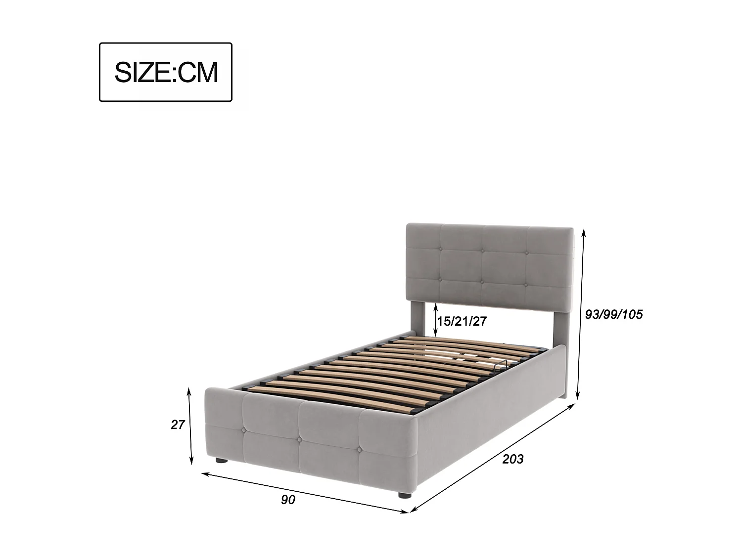 Lit pour enfant 90x200 cm, Lit avec rangement hydraulique, Tête de lit réglable, Lit en velours, Gris (203x90x105 cm)