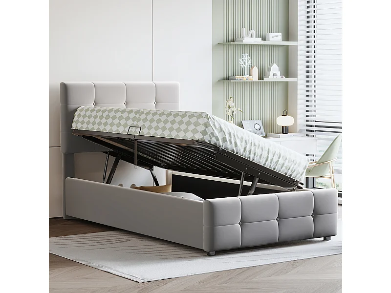 Lit pour enfant 90x200 cm, Lit avec rangement hydraulique, Tête de lit réglable, Lit en velours, Gris (203x90x105 cm)