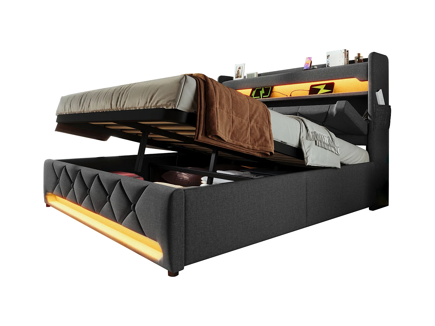Tweepersoonsbed 140x200 cm met opbergruimte, USB en Type-C hoofdbord, 360° Surround LED, hydraulisch, grijze linnen stof (225x146x111 cm)