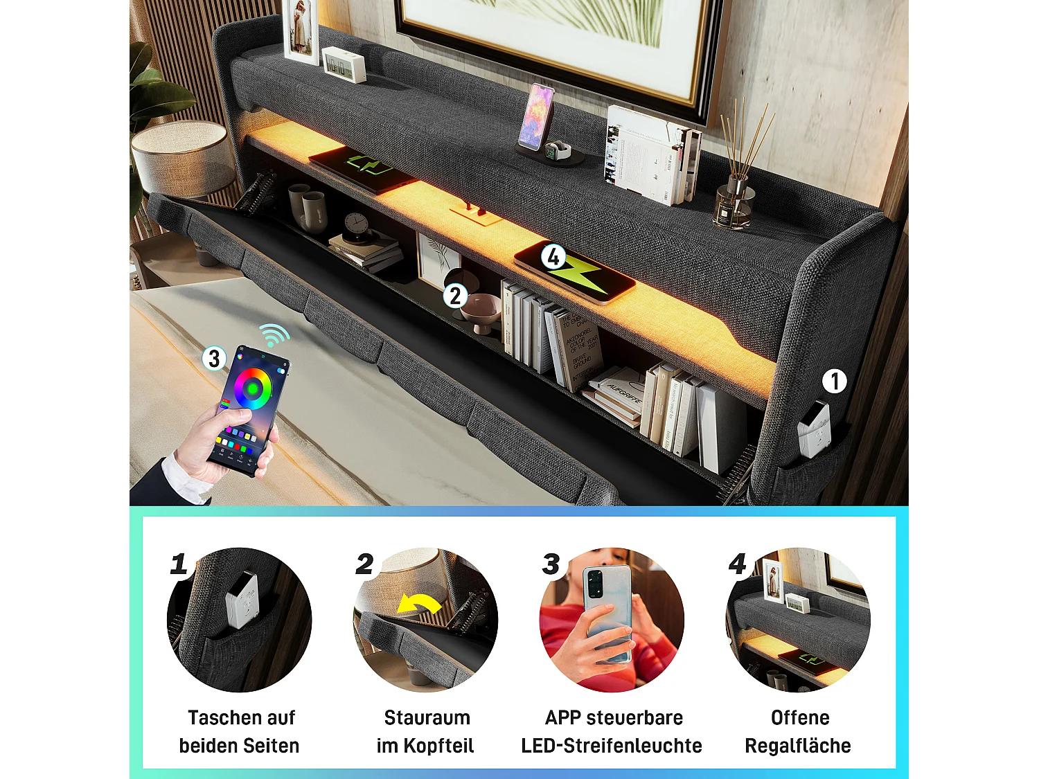 Lit Double 140x200 cm avec rangement, tête de lit USB et Type-C, LED 360° Surround, hydraulique, tissu lin gris (225x146x111 cm)