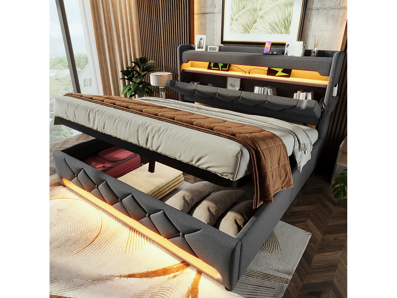 Lit Double 140x200 cm avec rangement, tête de lit USB et Type-C, LED 360° Surround, hydraulique, tissu lin gris (225x146x111 cm)