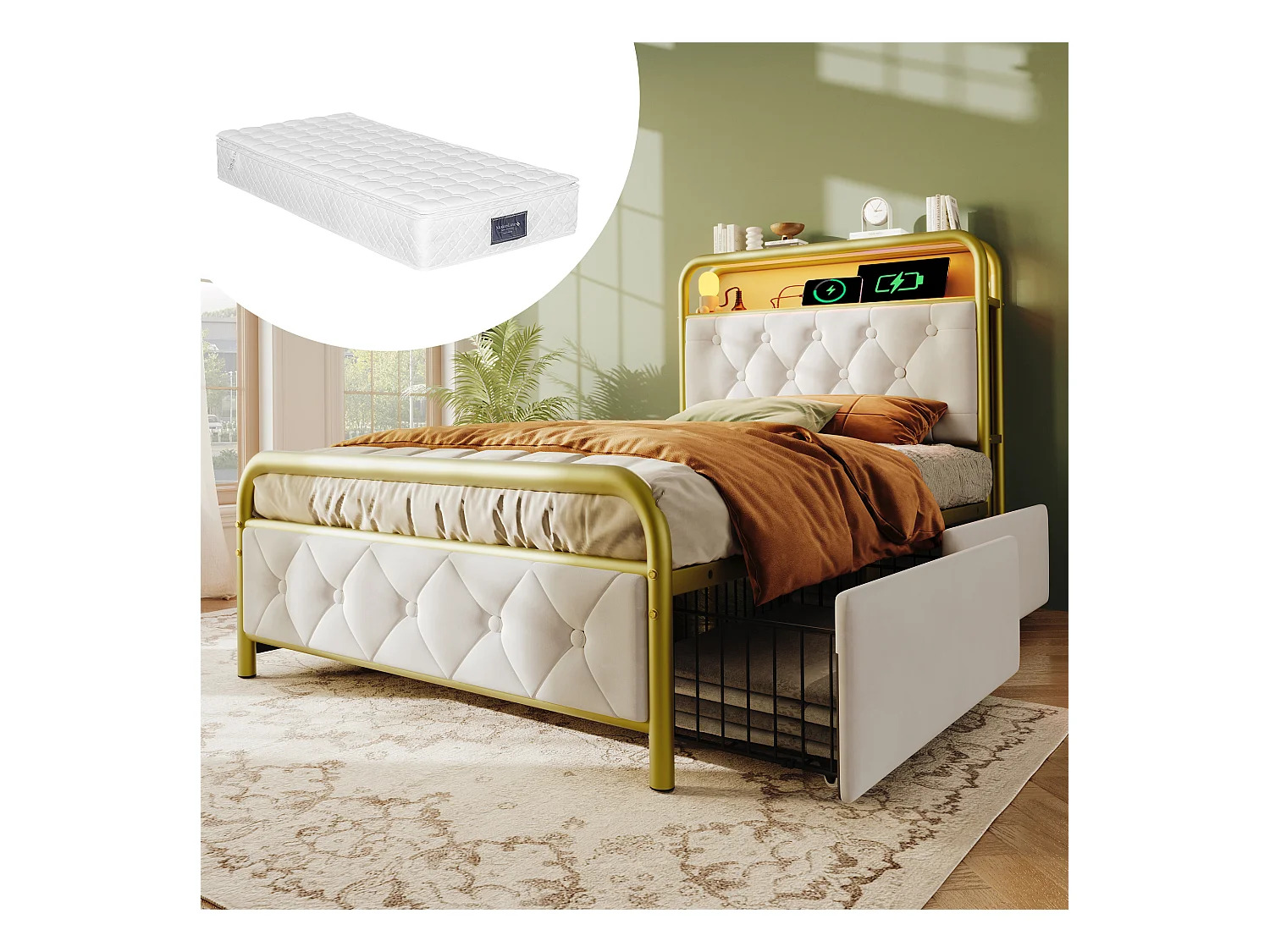 Eenpersoonsbed met USB Type-C oplaadfunctie, app-bediening, LED, metalen frame, wit fluweel met 2 lades (90x200 cm)