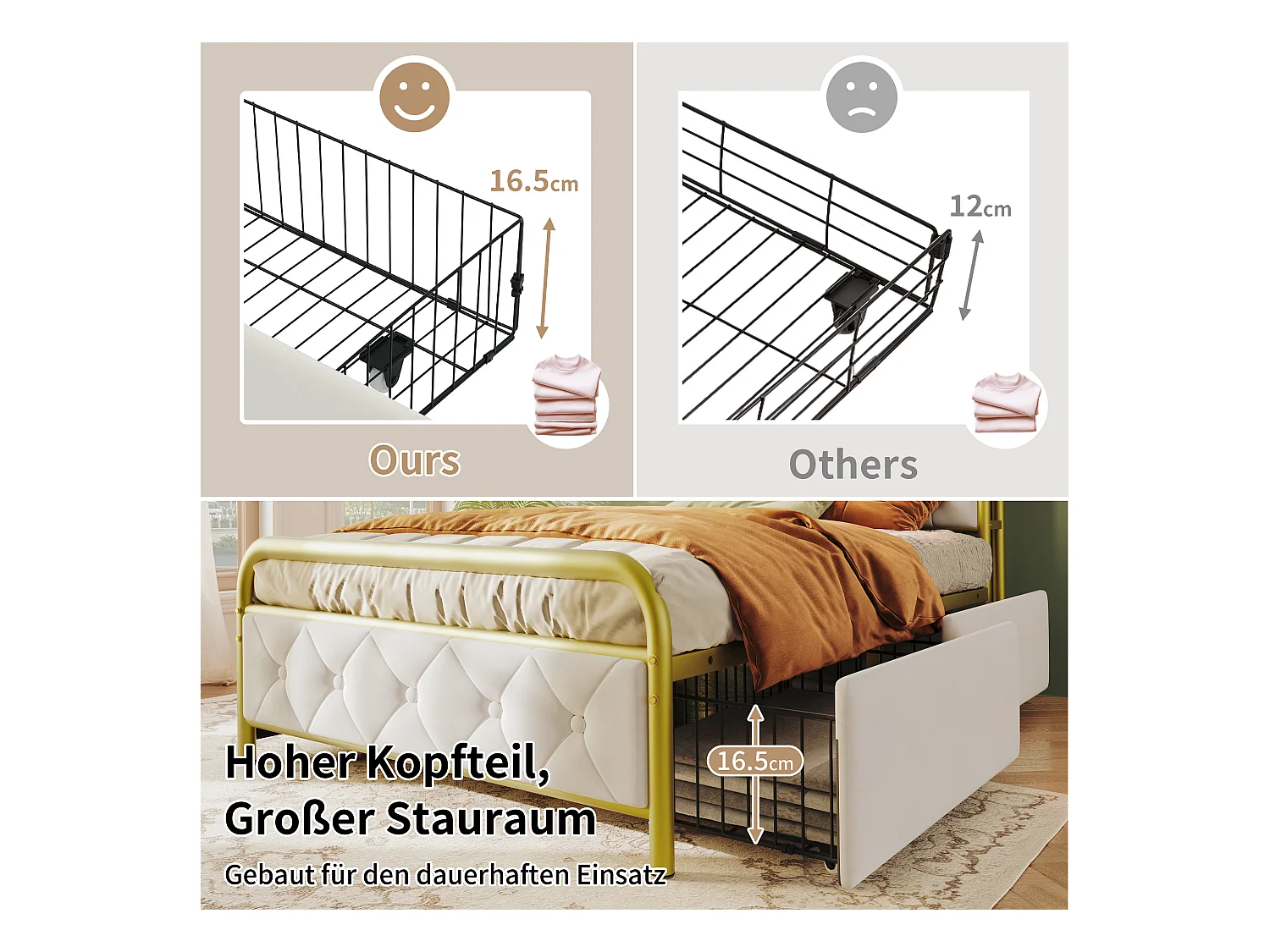 Eenpersoonsbed met USB Type-C oplaadfunctie, app-bediening, LED, metalen frame, wit fluweel met 2 lades (90x200 cm)