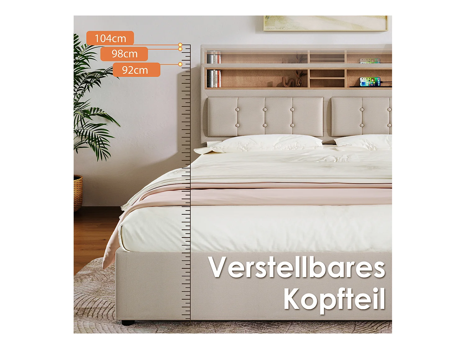 Lit double avec 4 tiroirs et prise USB-C, sommier en bois, lin beige (163x204x92-104cm)