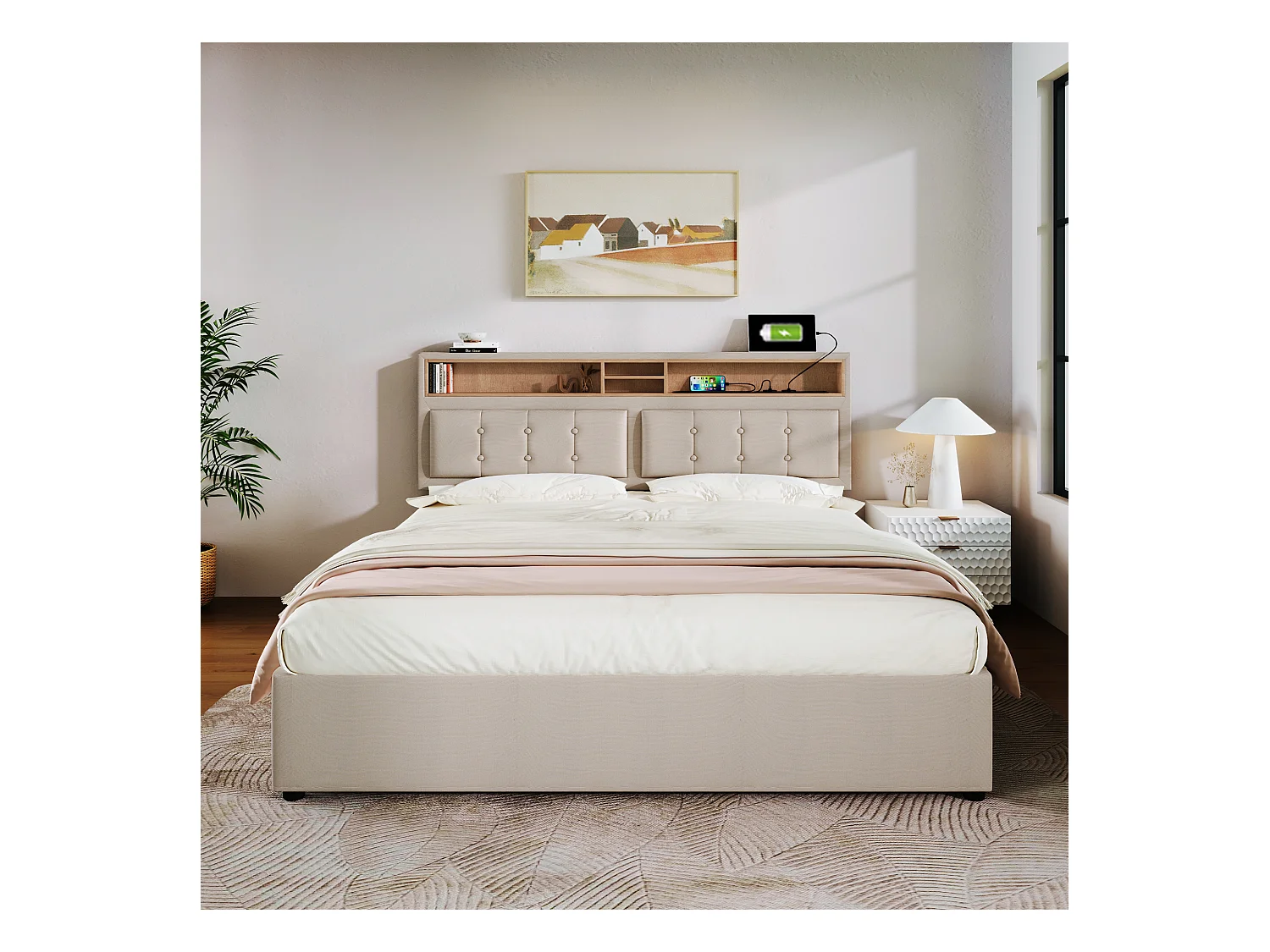 Lit double avec 4 tiroirs et prise USB-C, sommier en bois, lin beige (163x204x92-104cm)