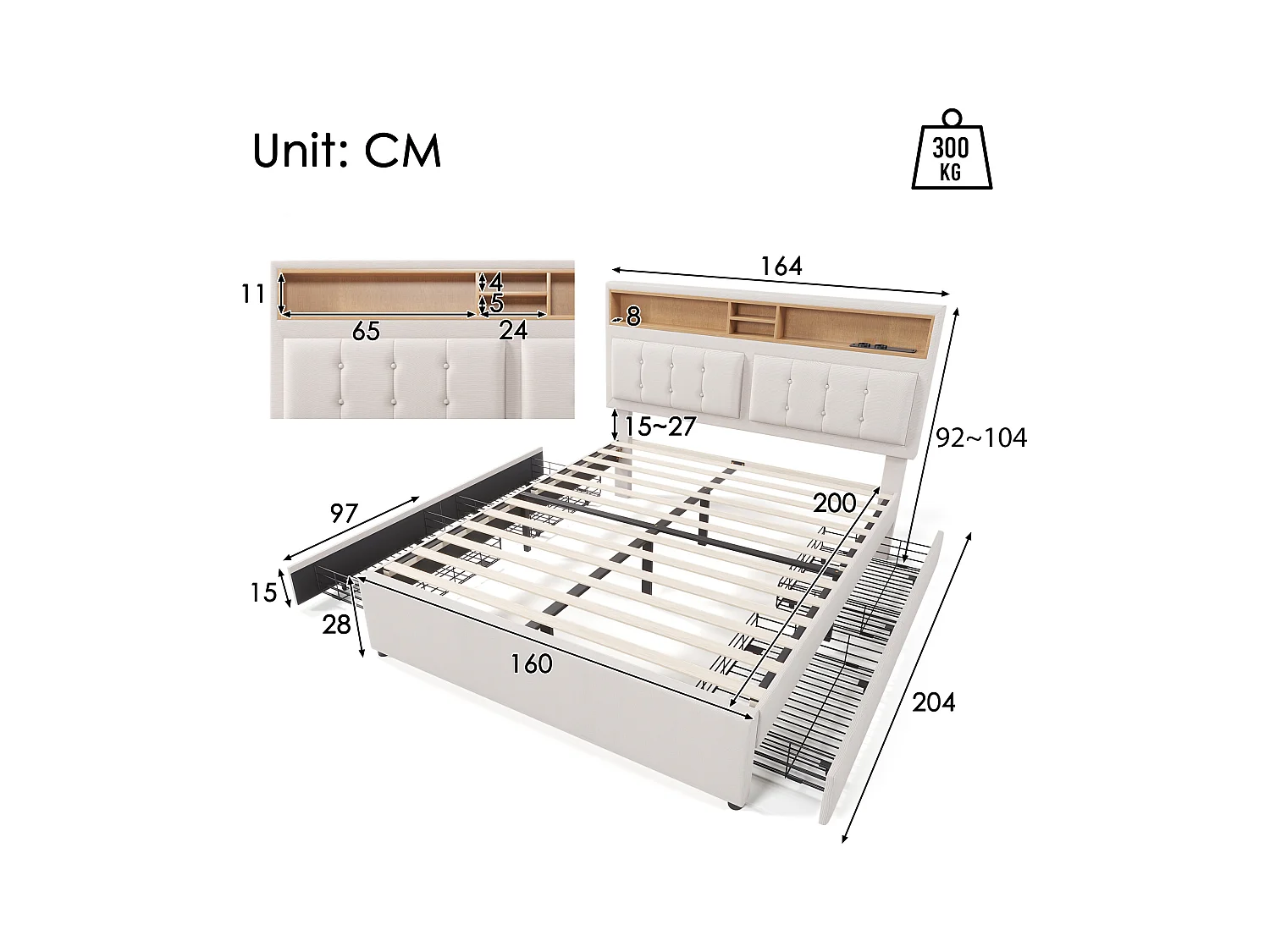 Lit double avec 4 tiroirs et prise USB-C, sommier en bois, lin beige (163x204x92-104cm)
