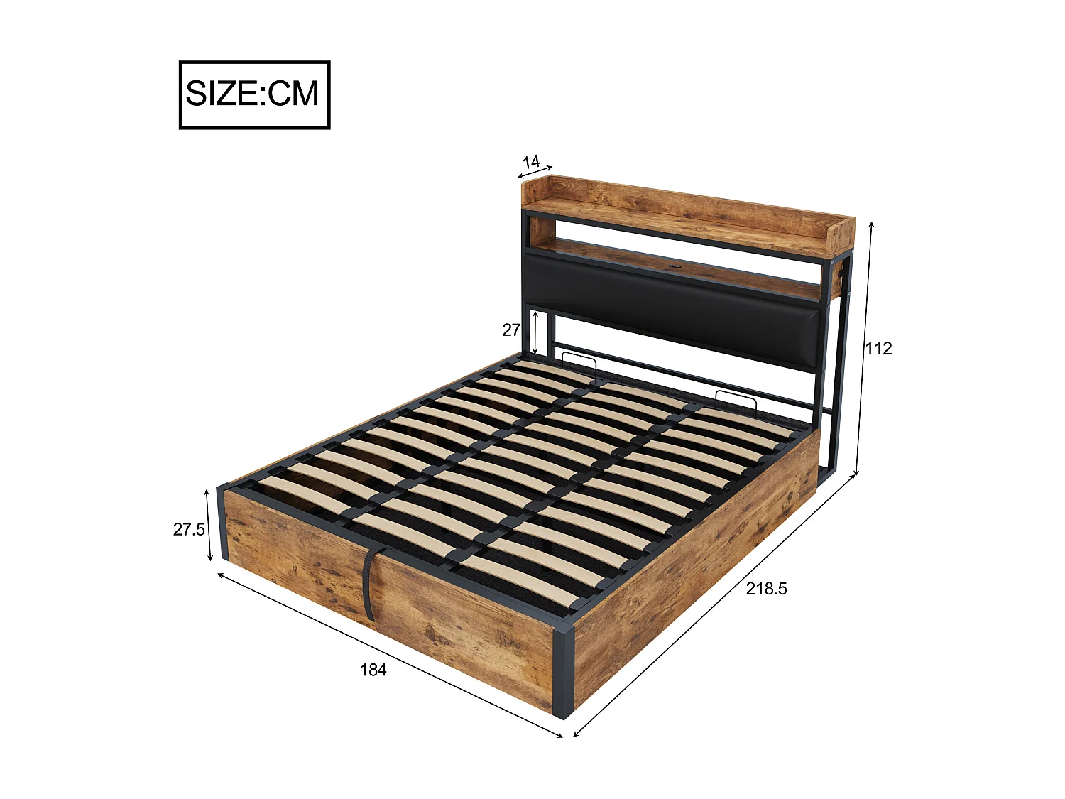 Bed 180x200 cm met hydraulische lift, USB, hoofdeinde met planken en opbergruimte, vintage design in metaal en hout, met verborgen opbergruimte (218,5x184x112 cm)