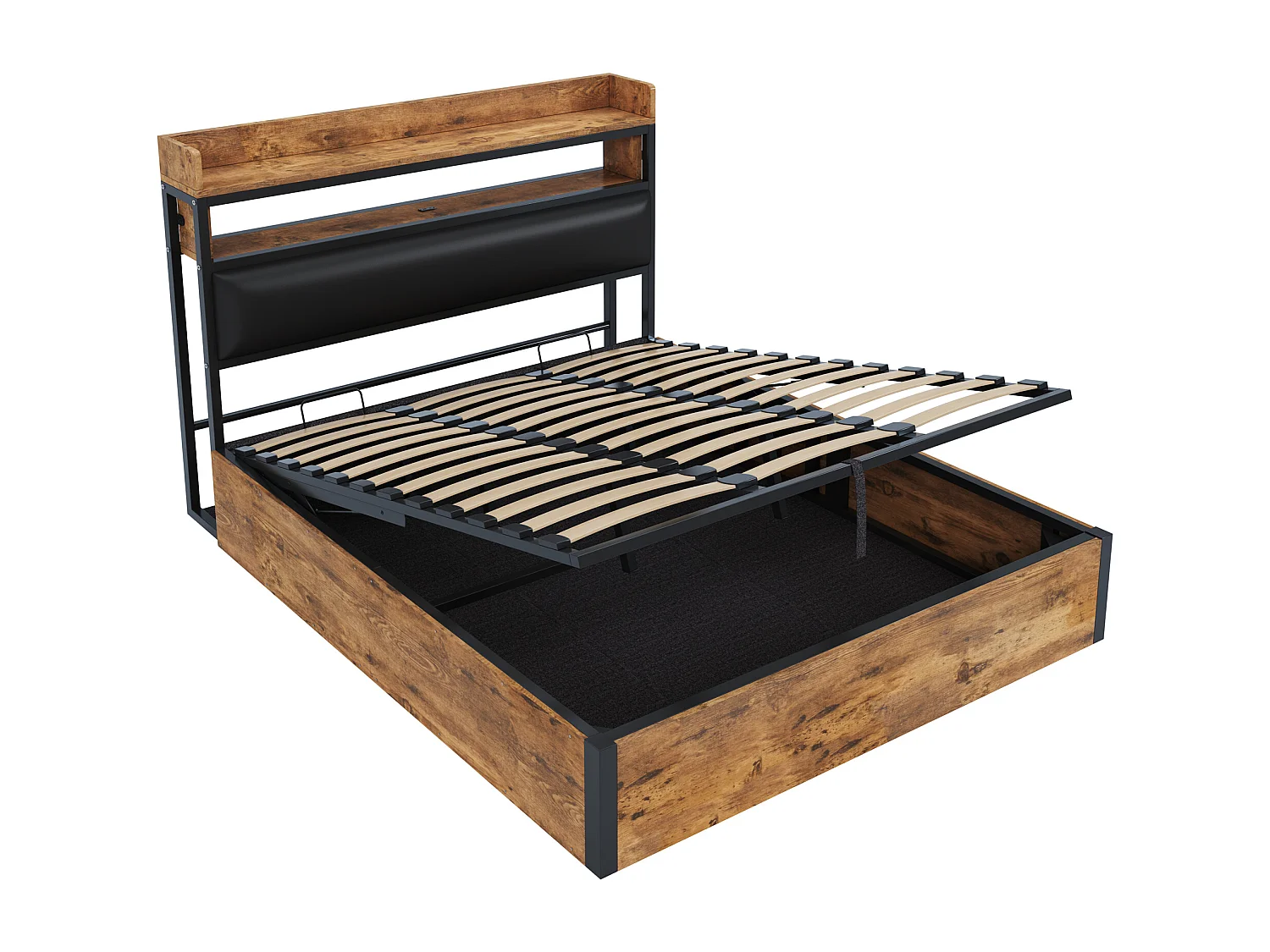 Bed 180x200 cm met hydraulische lift, USB, hoofdeinde met planken en opbergruimte, vintage design in metaal en hout, met verborgen opbergruimte (218,5x184x112 cm)
