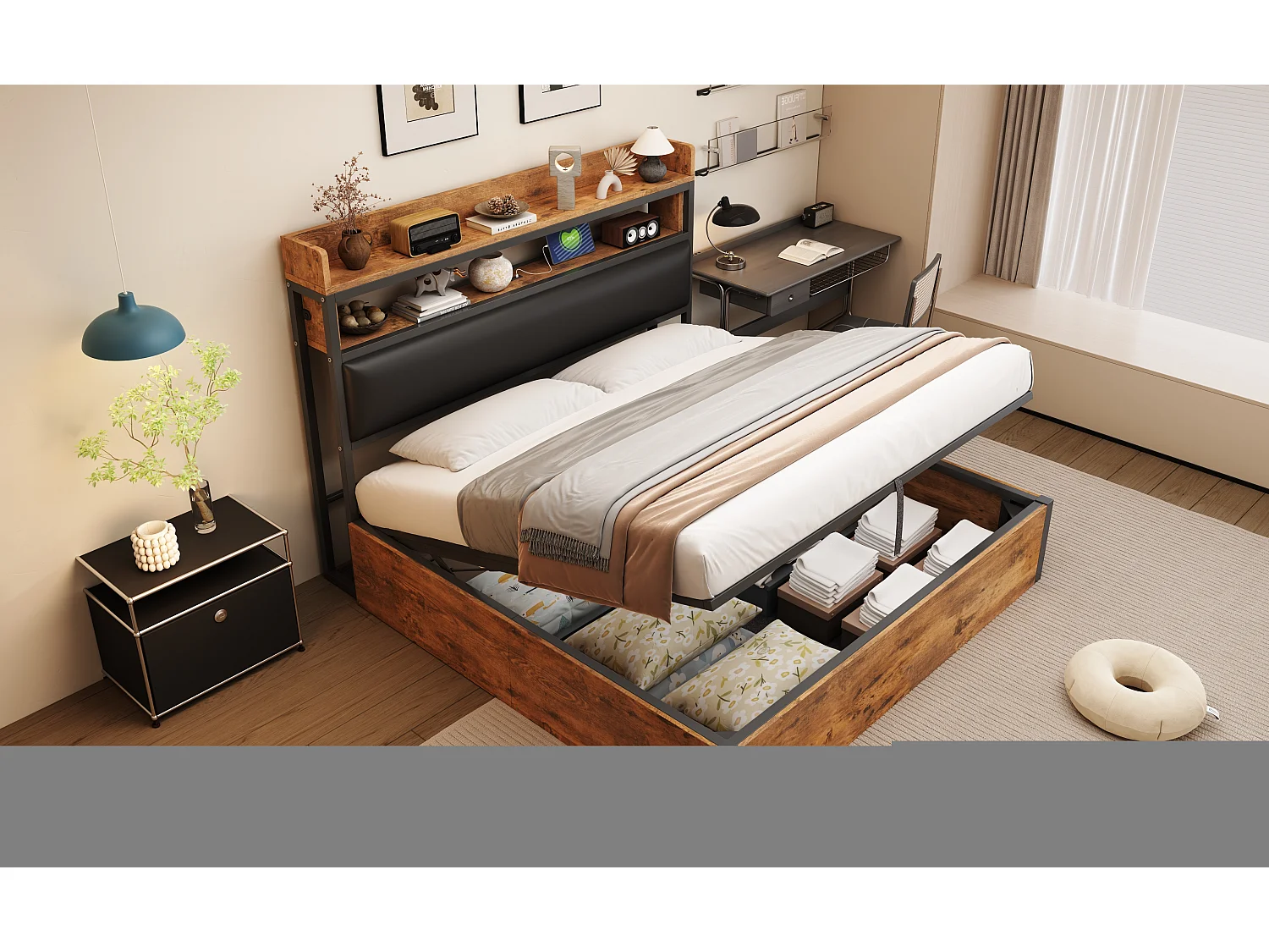 Bed 180x200 cm met hydraulische lift, USB, hoofdeinde met planken en opbergruimte, vintage design in metaal en hout, met verborgen opbergruimte (218,5x184x112 cm)