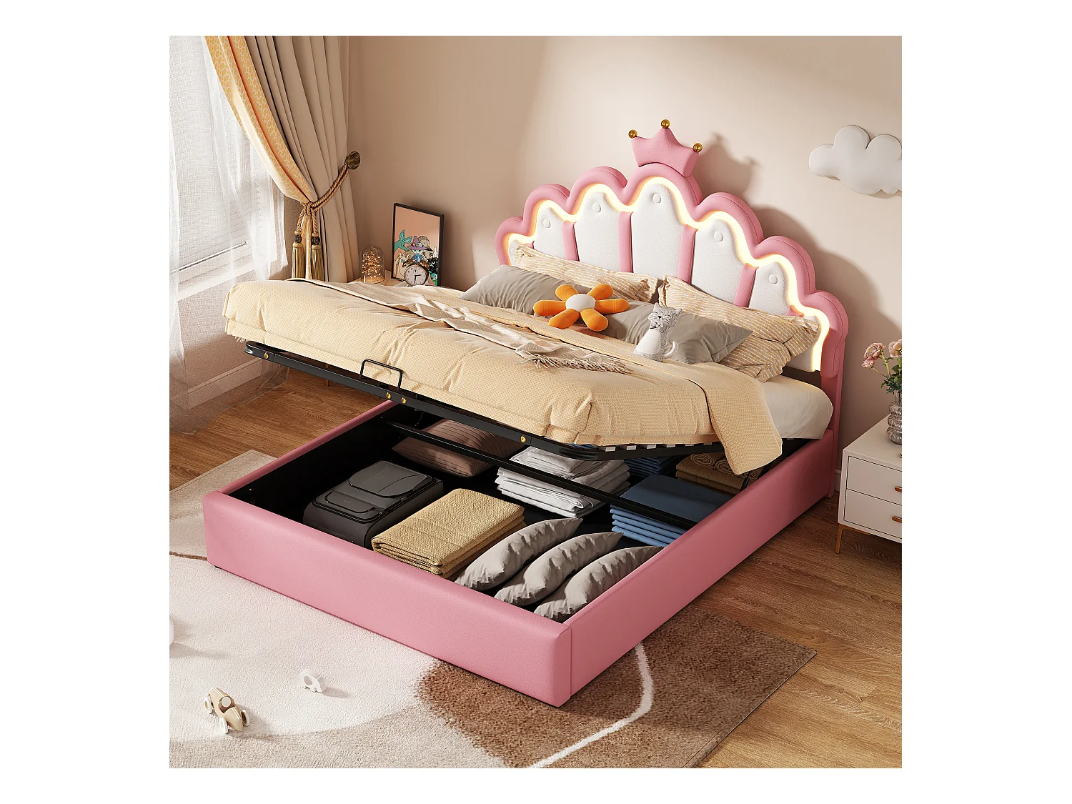 Lit plat 140x200 cm, lit rembourré, lit princesse avec éclairage LED réglable, couronne décorative, PU, rose (203x140x131 cm)